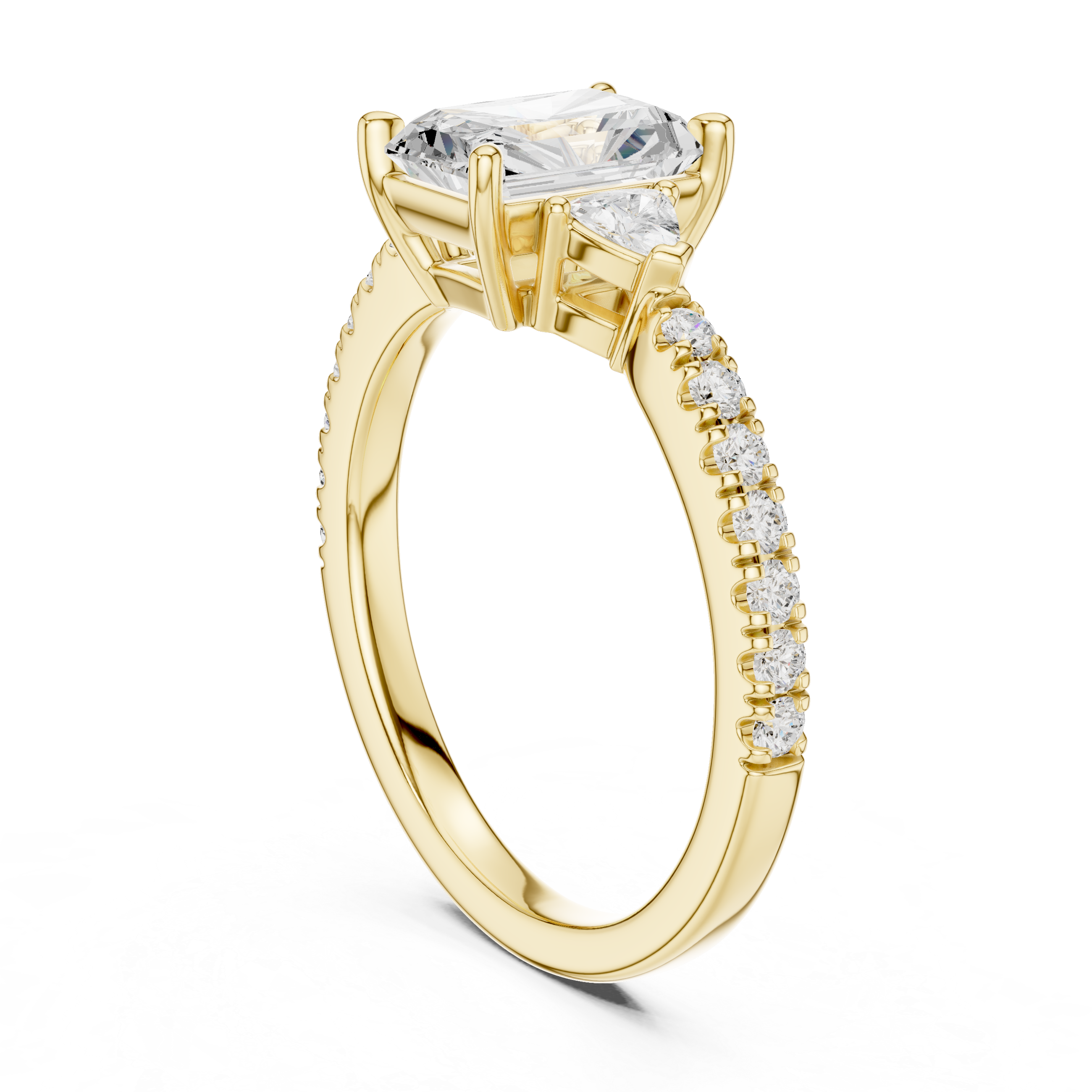 Radiant Cut Three-Stone Engagement Ring with Trillion Side Diamonds and Pavé Band – 1.96 CT Total Weight