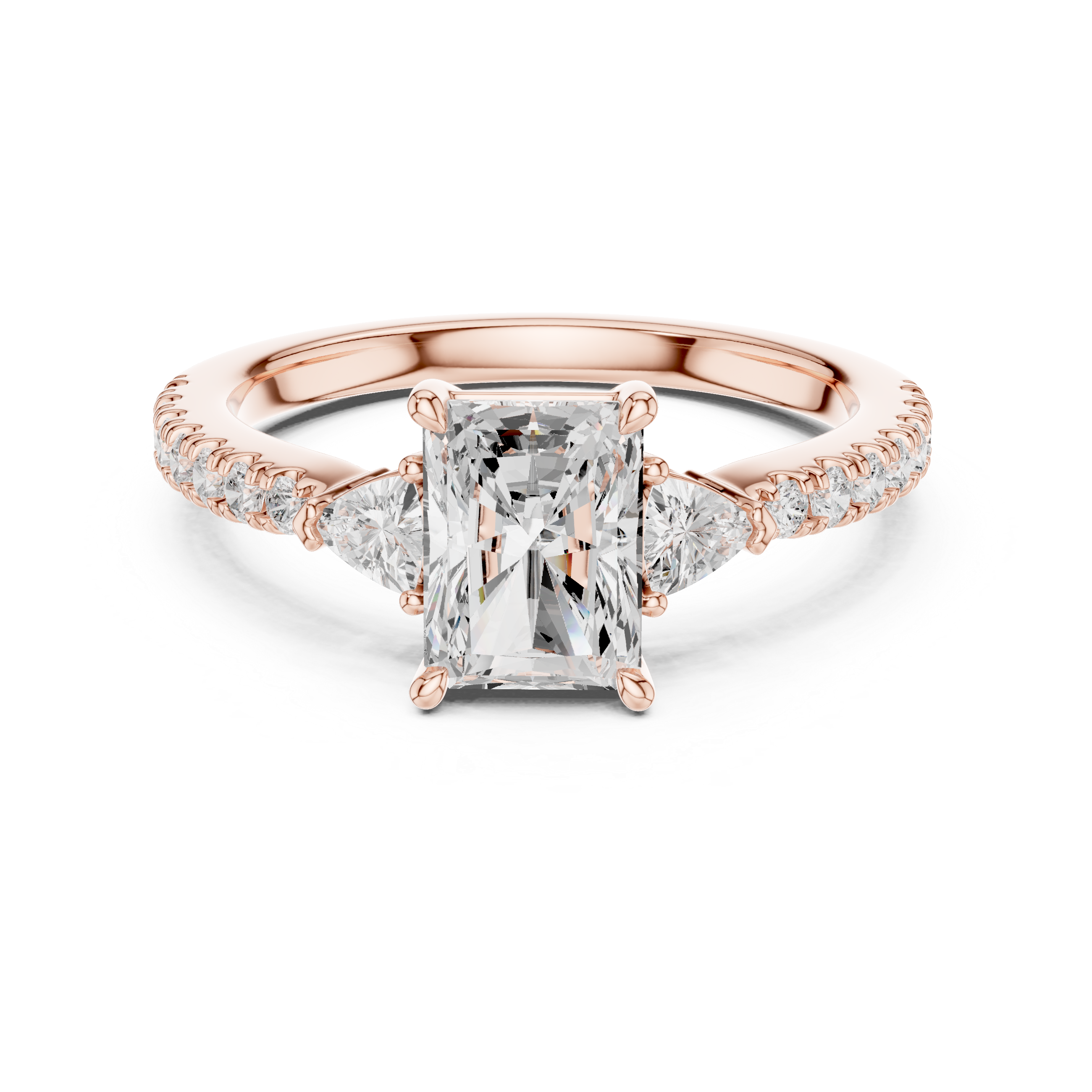 Radiant Cut Three-Stone Engagement Ring with Trillion Side Diamonds and Pavé Band – 1.96 CT Total Weight
