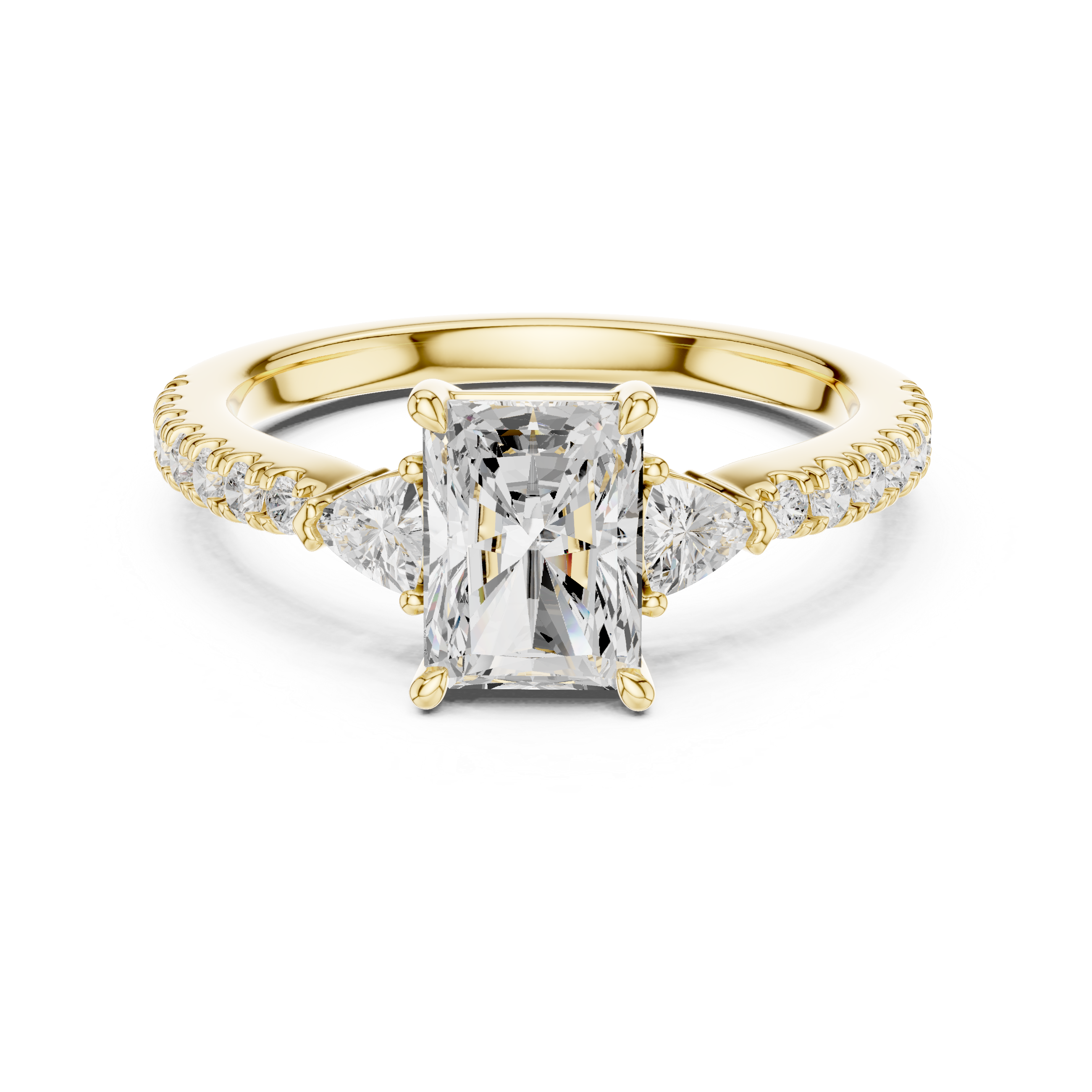 Radiant Cut Three-Stone Engagement Ring with Trillion Side Diamonds and Pavé Band – 1.96 CT Total Weight