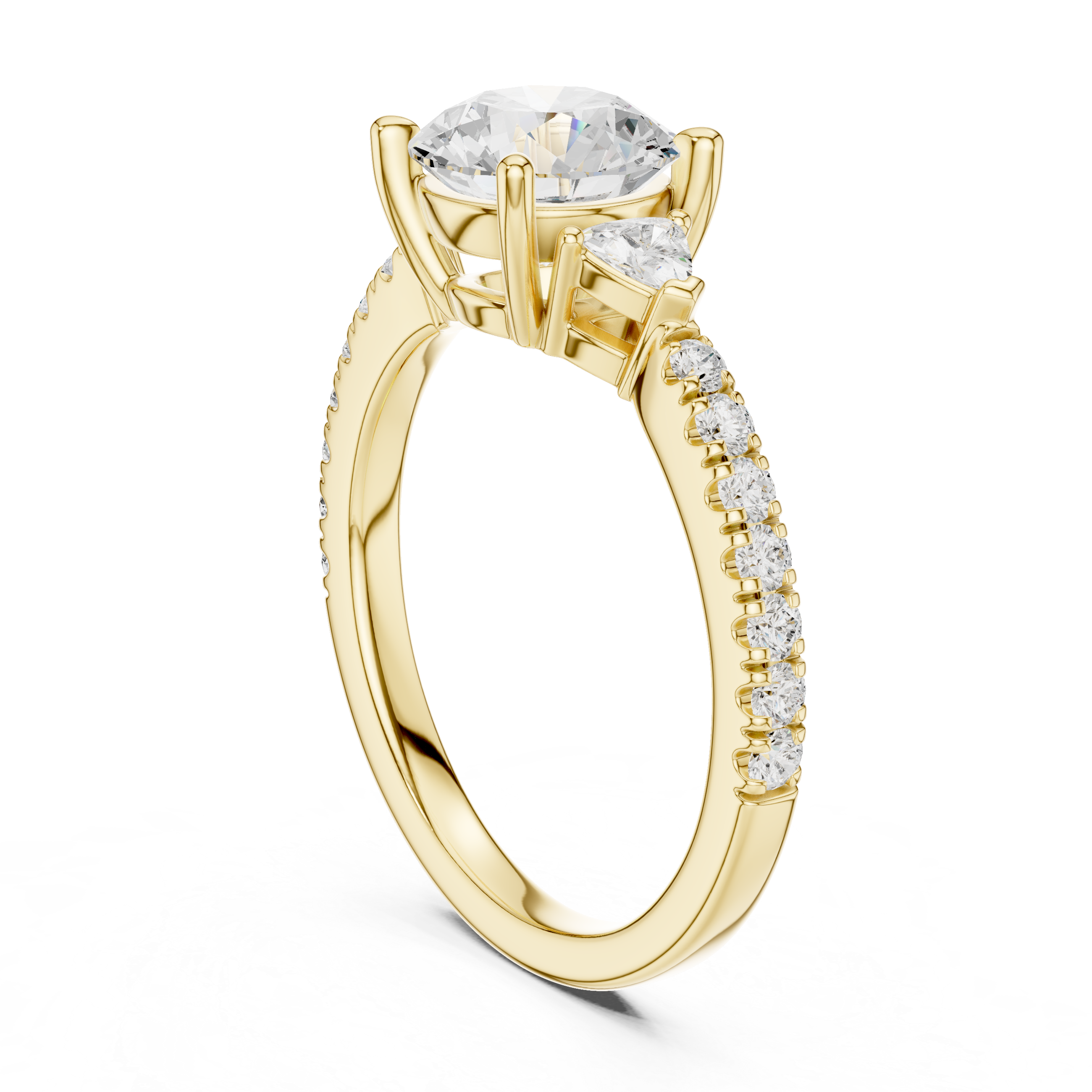 Round Brilliant Cut Engagement Ring with Trillion Side Stones and Pavé Diamond Band – 1.96 CT Total Weight