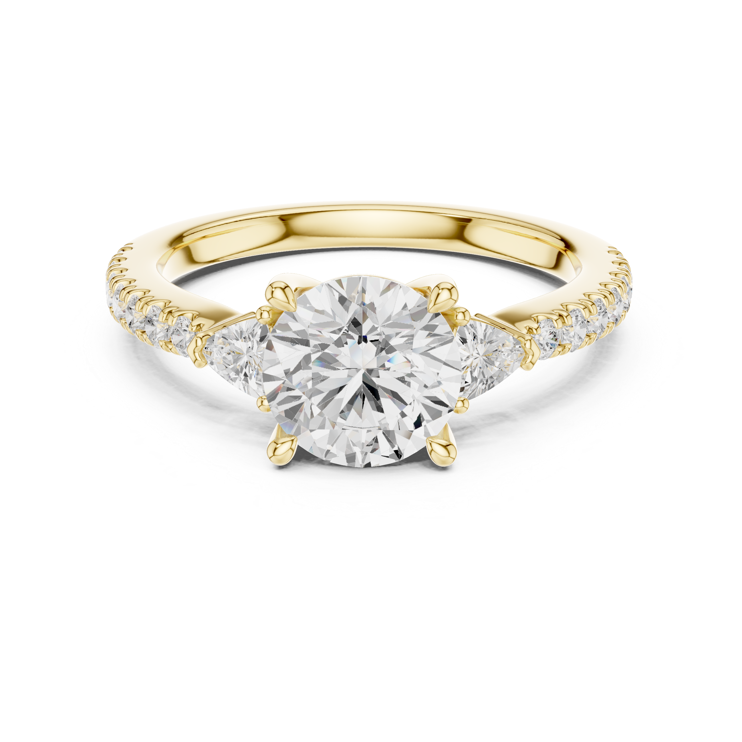 Round Brilliant Cut Engagement Ring with Trillion Side Stones and Pavé Diamond Band – 1.96 CT Total Weight
