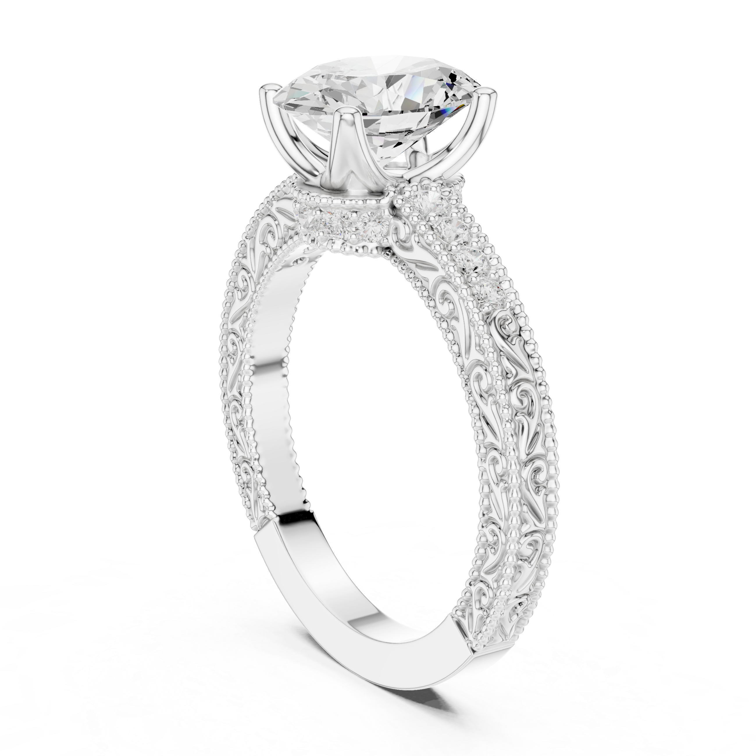 Vintage Oval Cut Engagement Ring with Milgrain Diamond Band