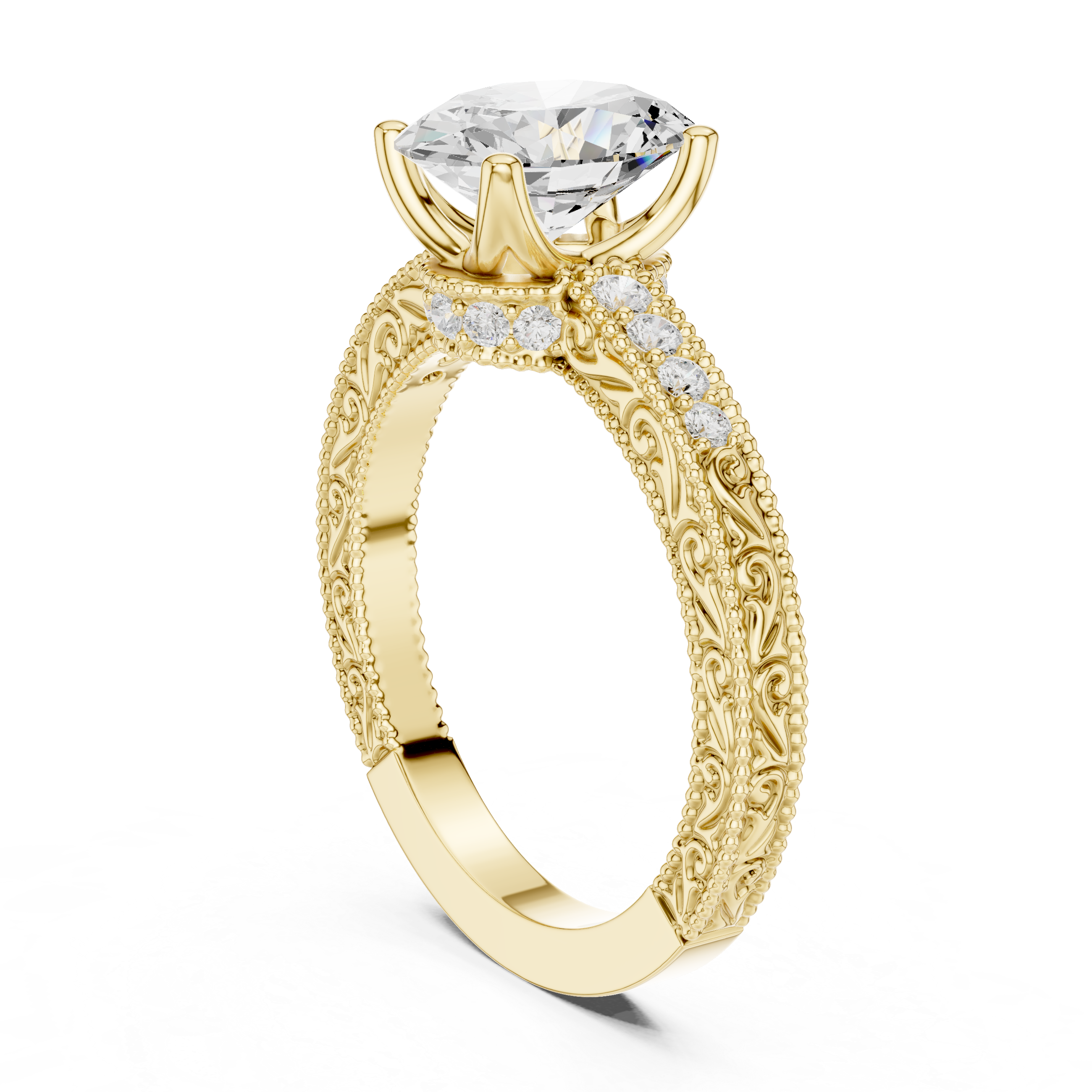 Vintage Oval Cut Engagement Ring with Milgrain Diamond Band