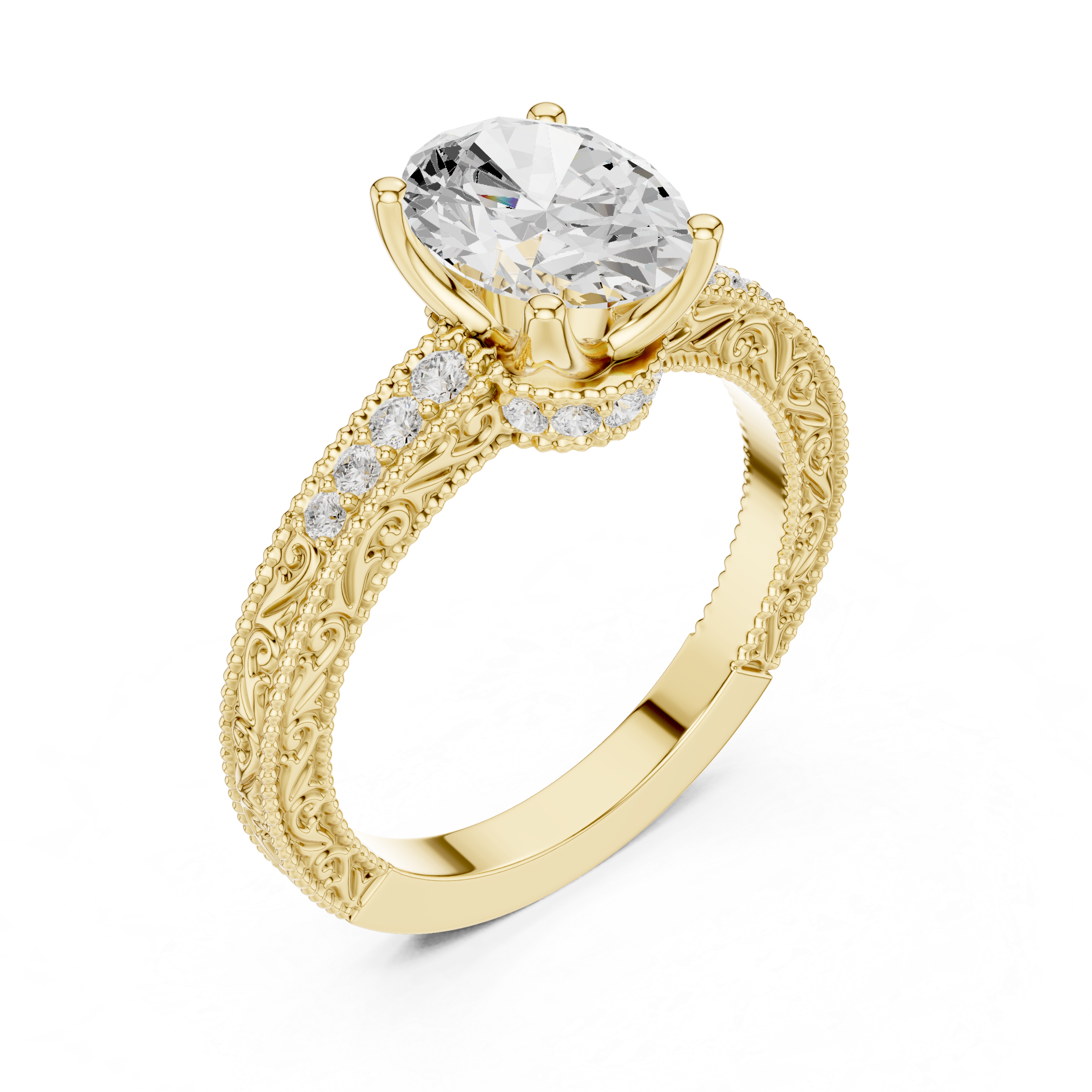 Vintage Oval Cut Engagement Ring with Milgrain Diamond Band