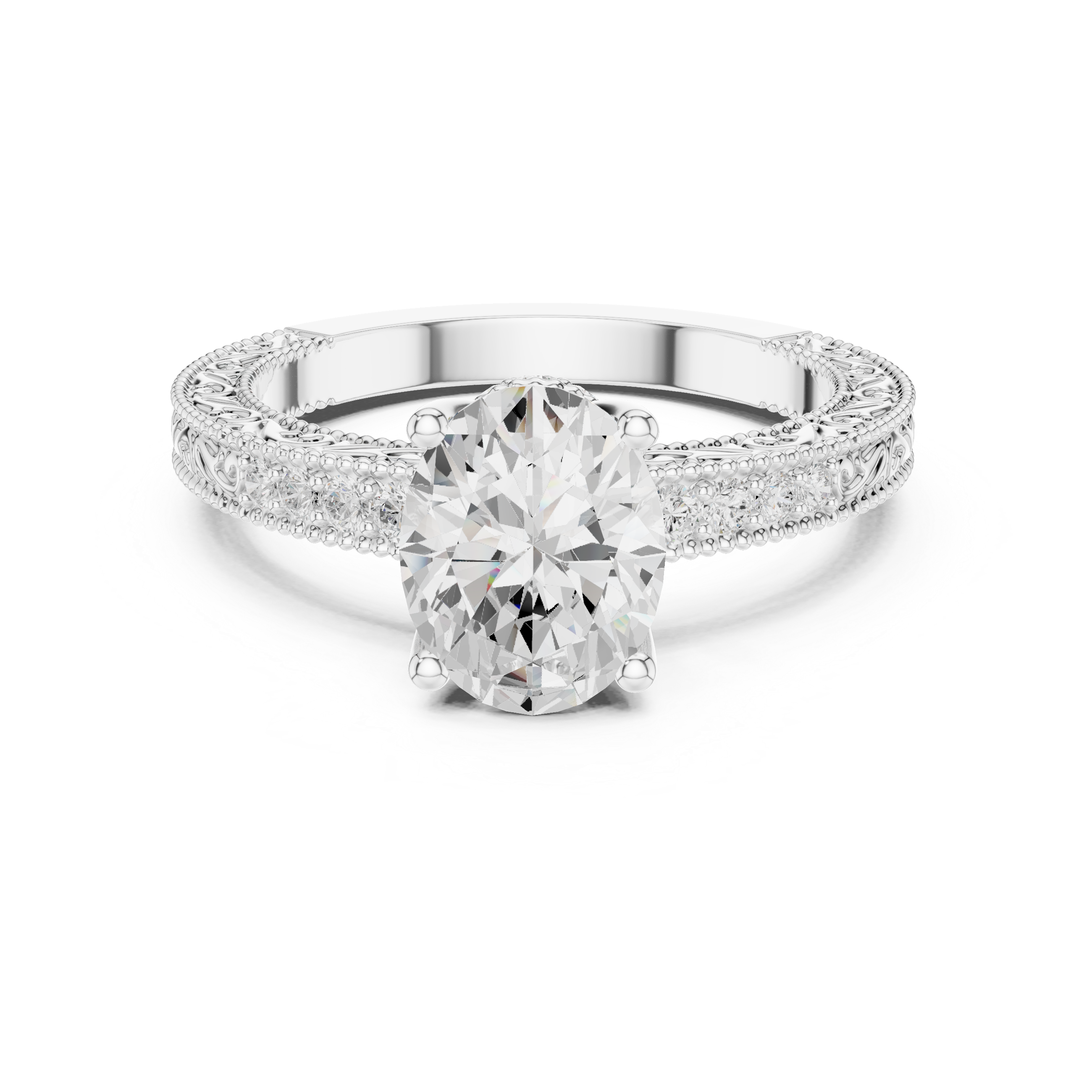 Vintage Oval Cut Engagement Ring with Milgrain Diamond Band