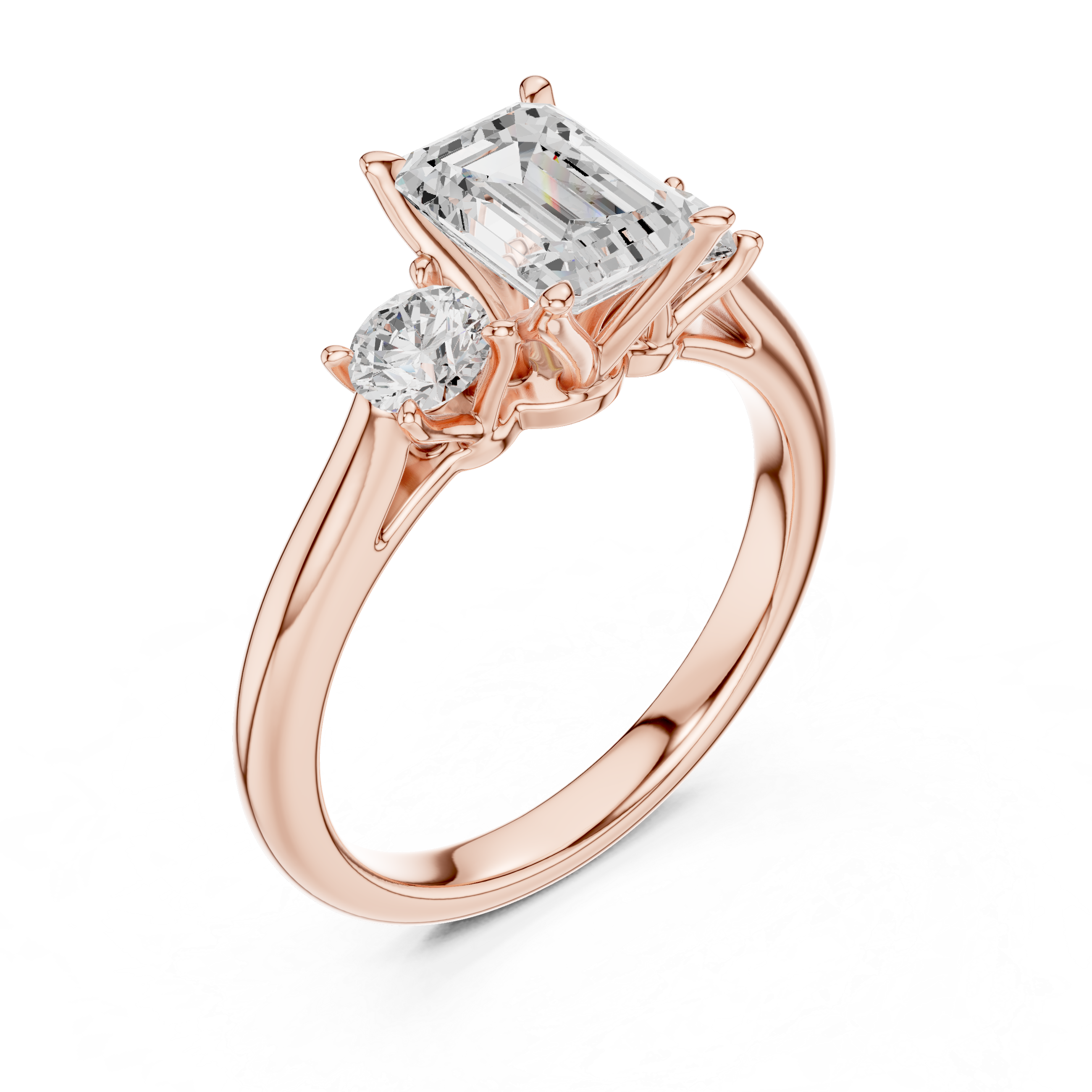 Emerald Cut Three Stone Engagement Ring with Round Side Diamonds