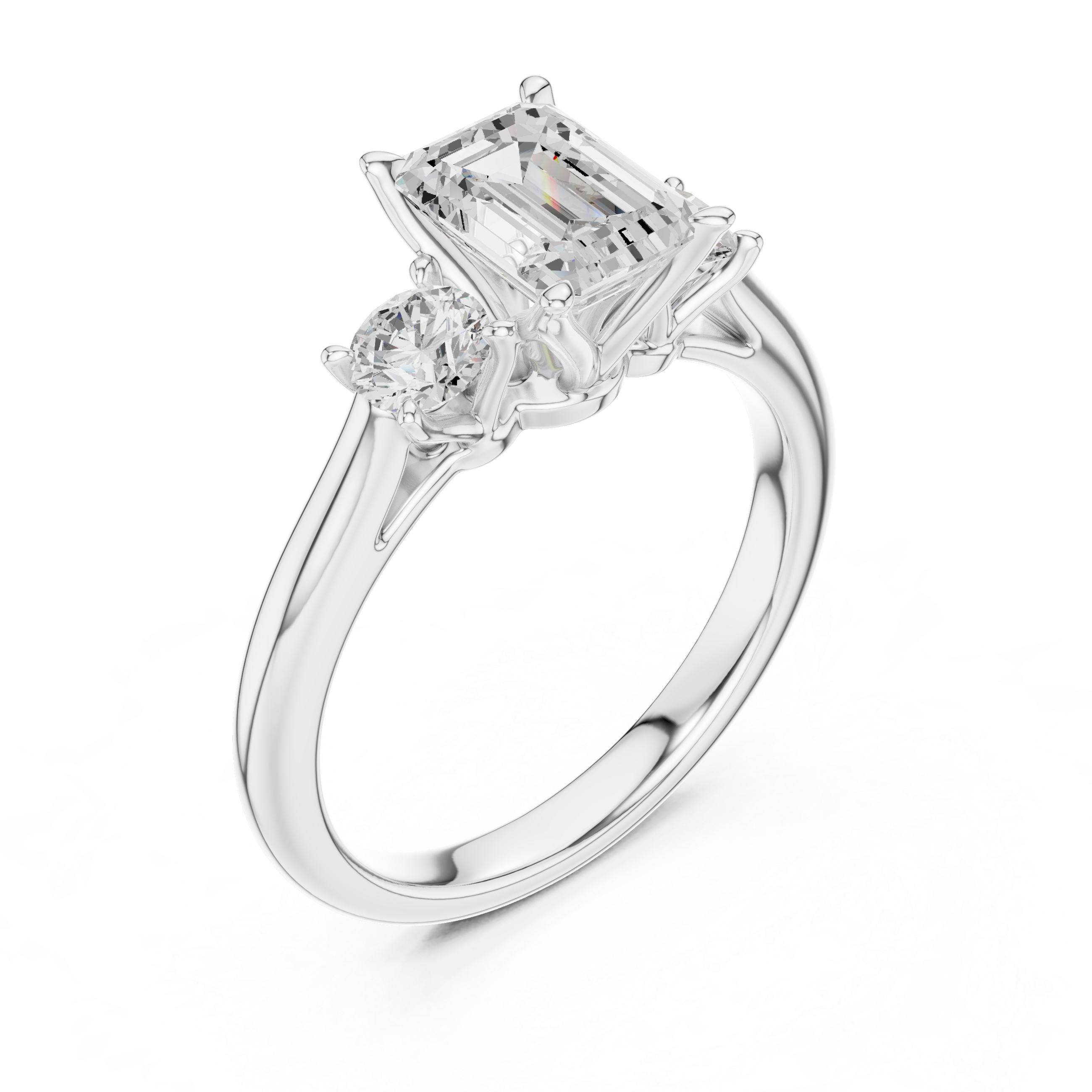Emerald Cut Three Stone Engagement Ring with Round Side Diamonds