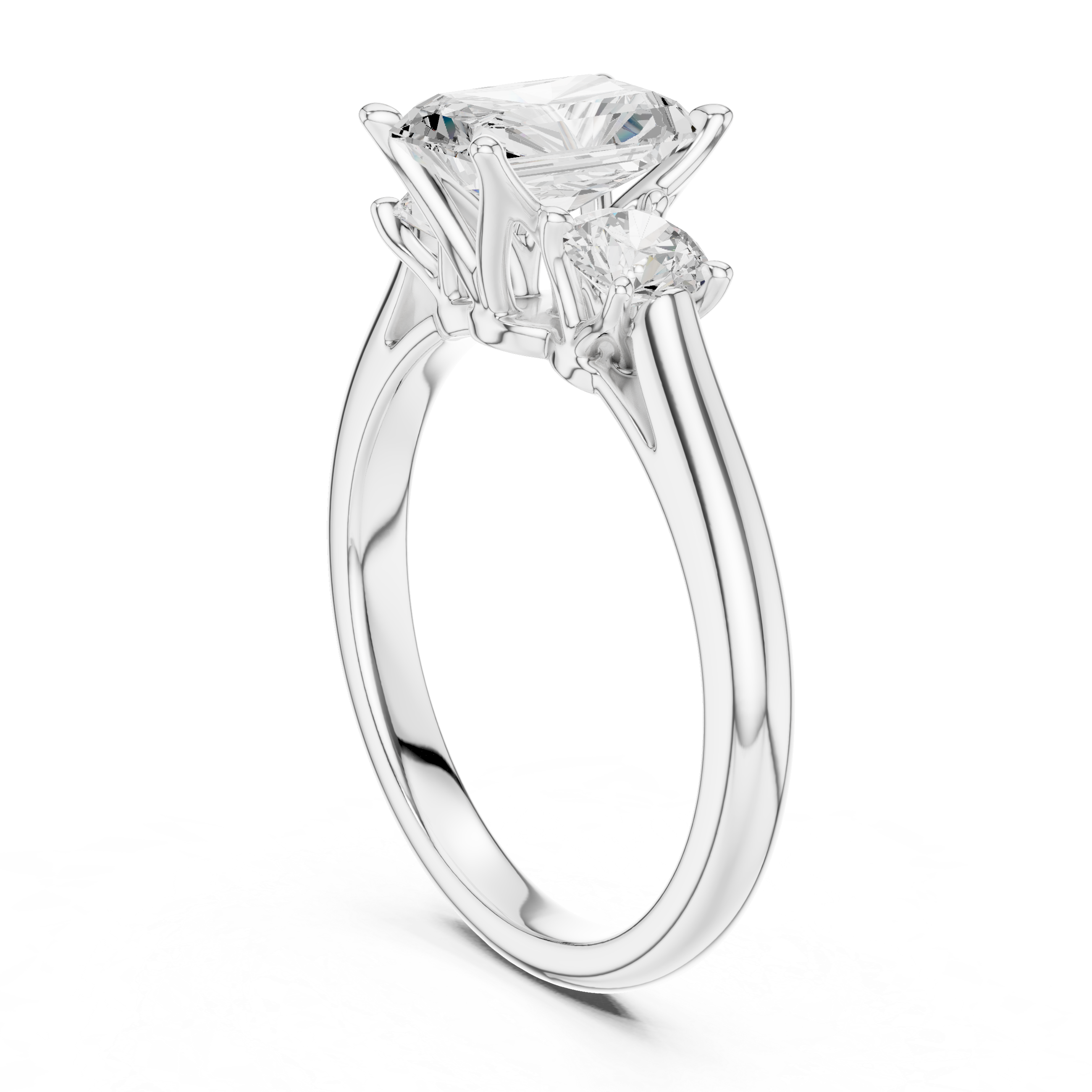 Radiant Cut Three Stone Engagement Ring with Round Side Diamonds