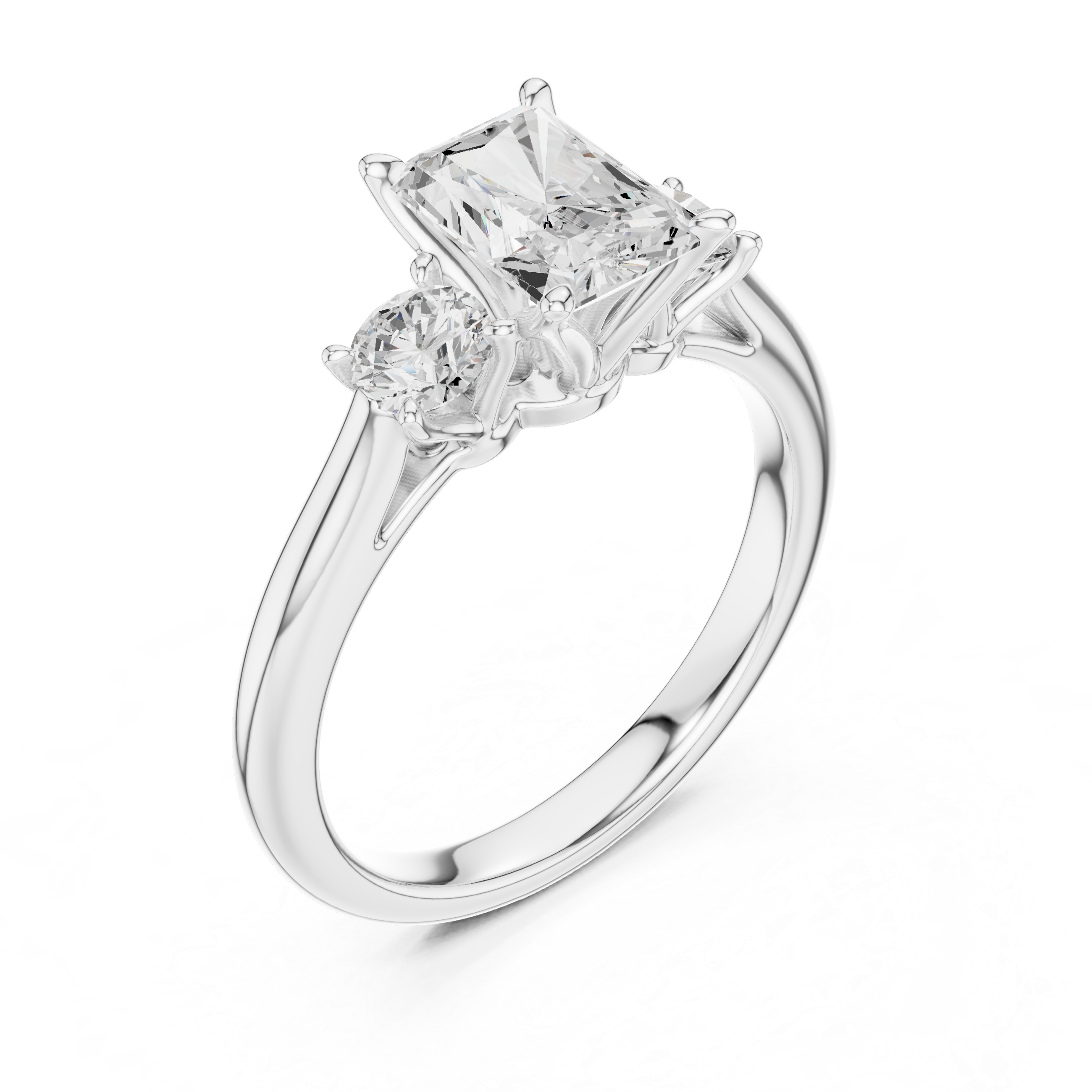 Radiant Cut Three Stone Engagement Ring with Round Side Diamonds