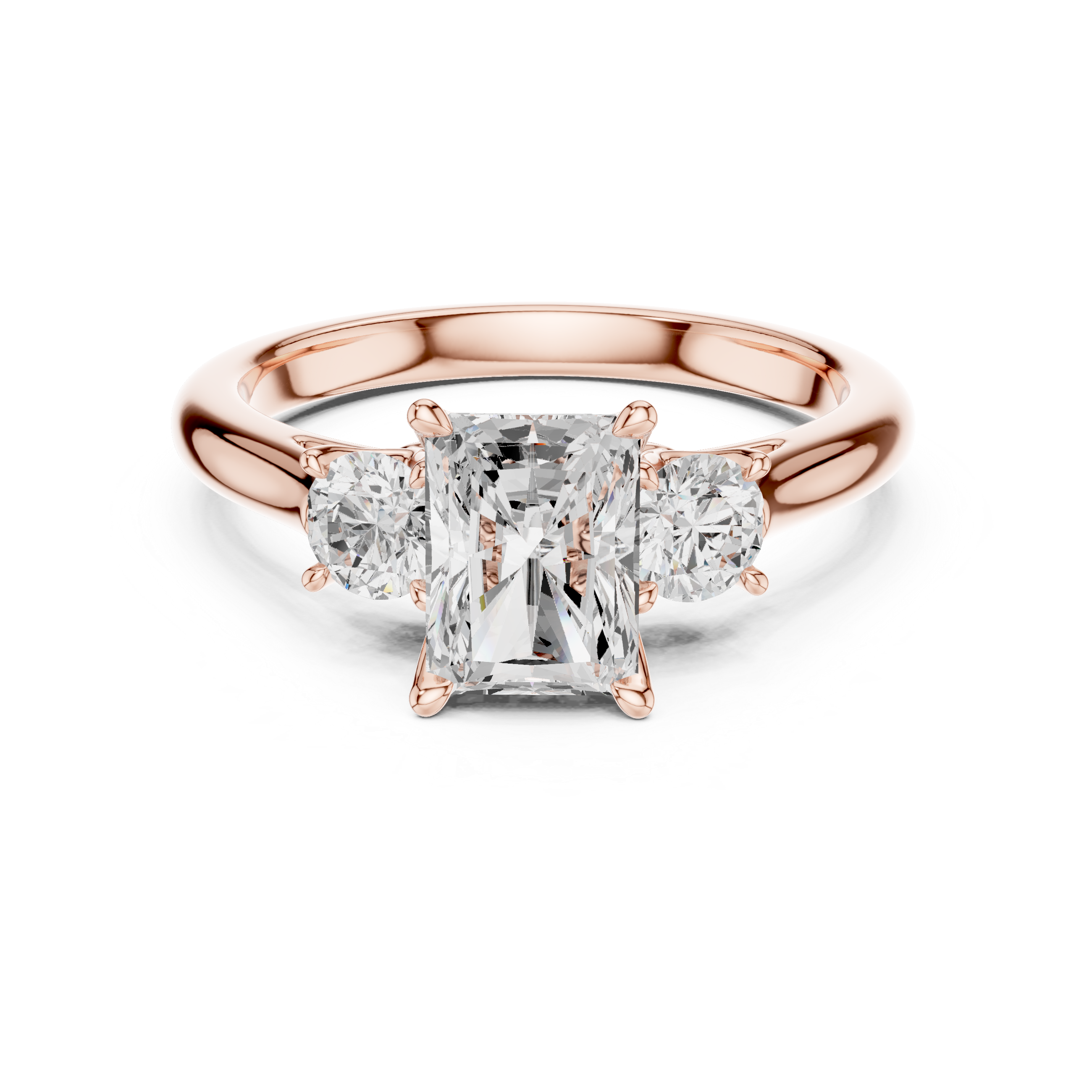 Radiant Cut Three Stone Engagement Ring with Round Side Diamonds