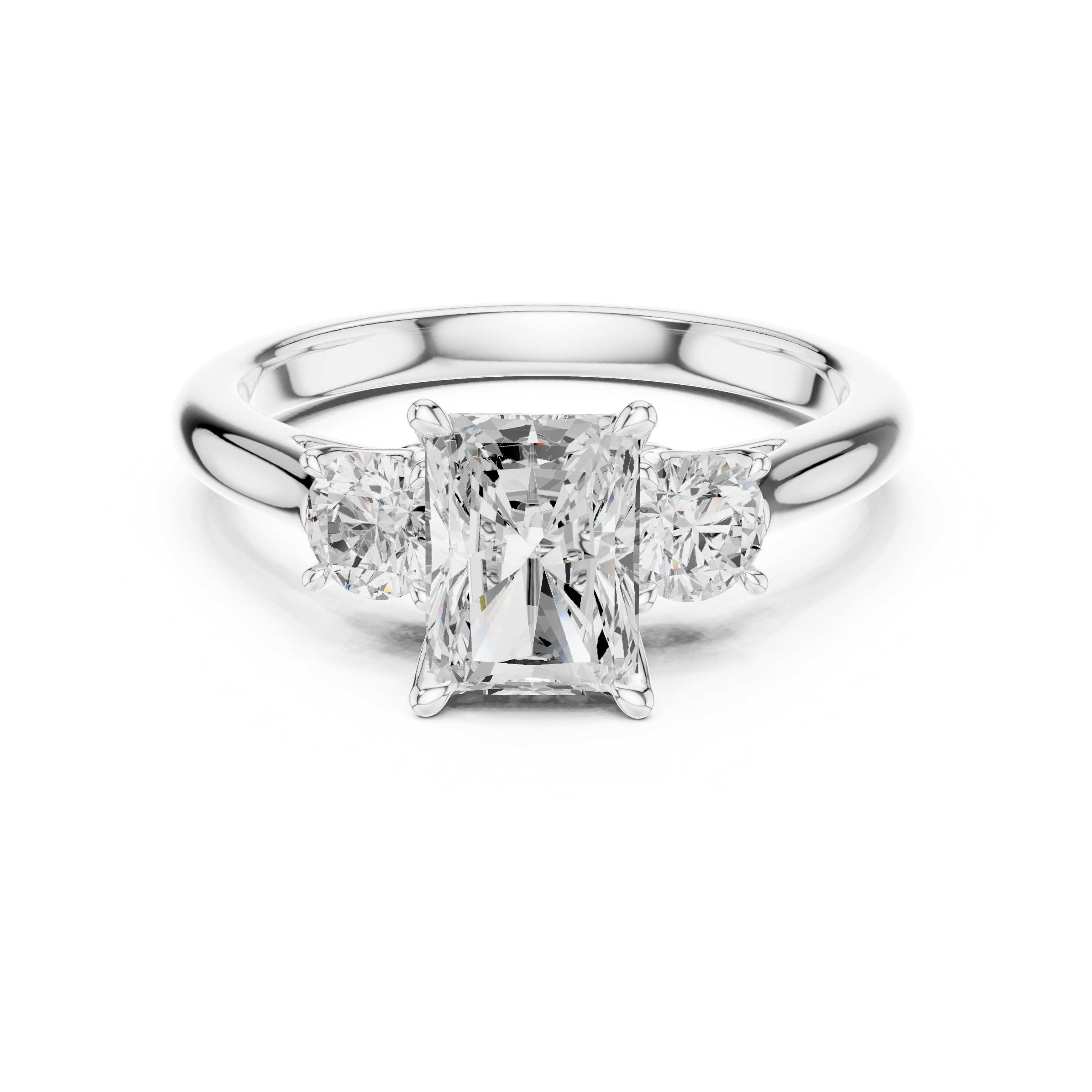 Radiant Cut Three Stone Engagement Ring with Round Side Diamonds