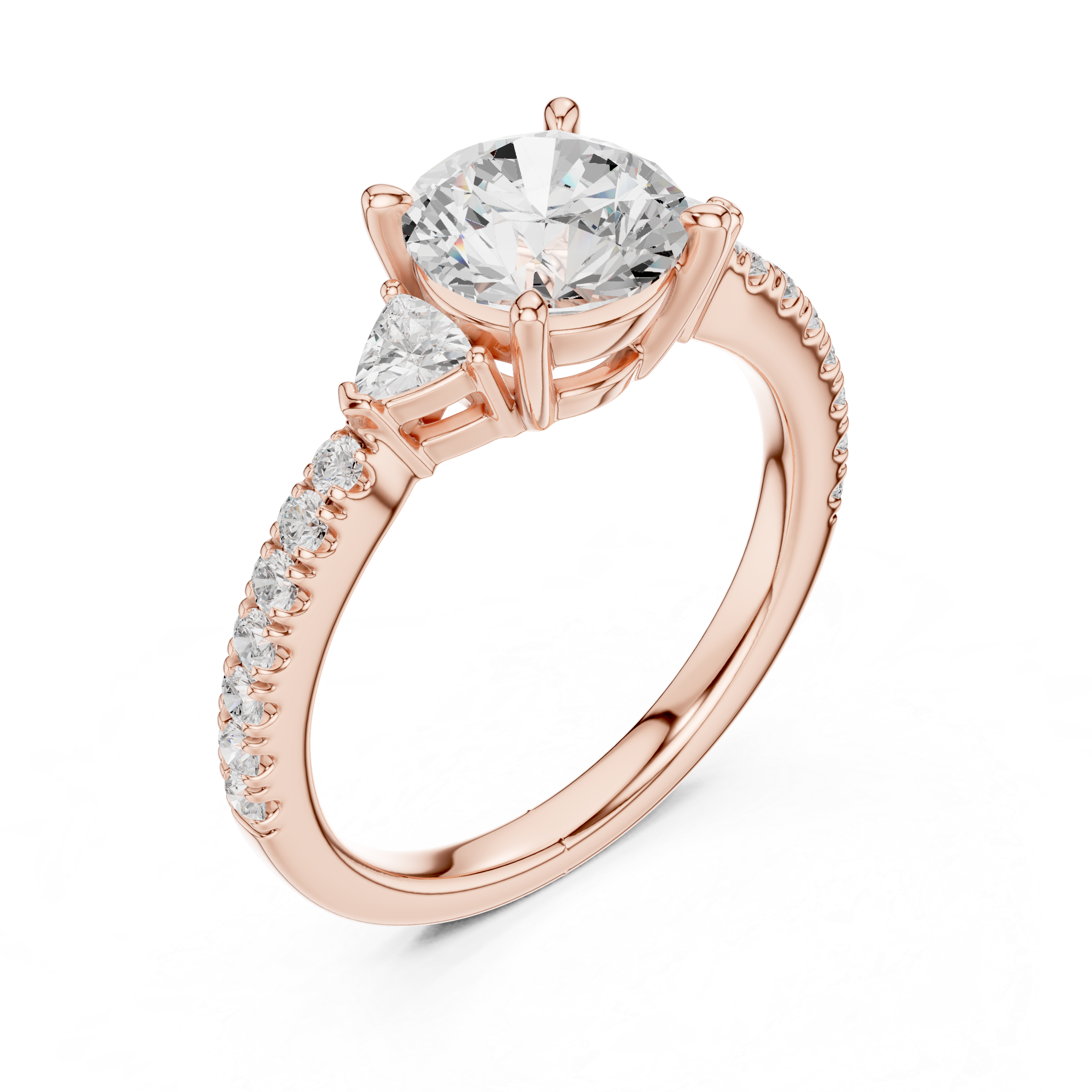 Round Brilliant Cut Engagement Ring with Trillion Side Stones and Pavé Band