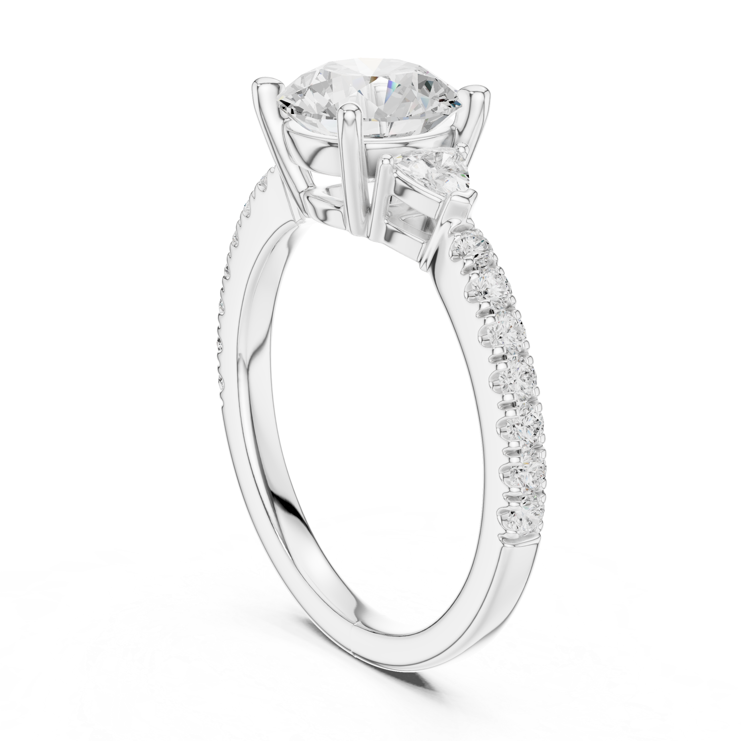 Round Brilliant Cut Engagement Ring with Trillion Side Stones and Pavé Band