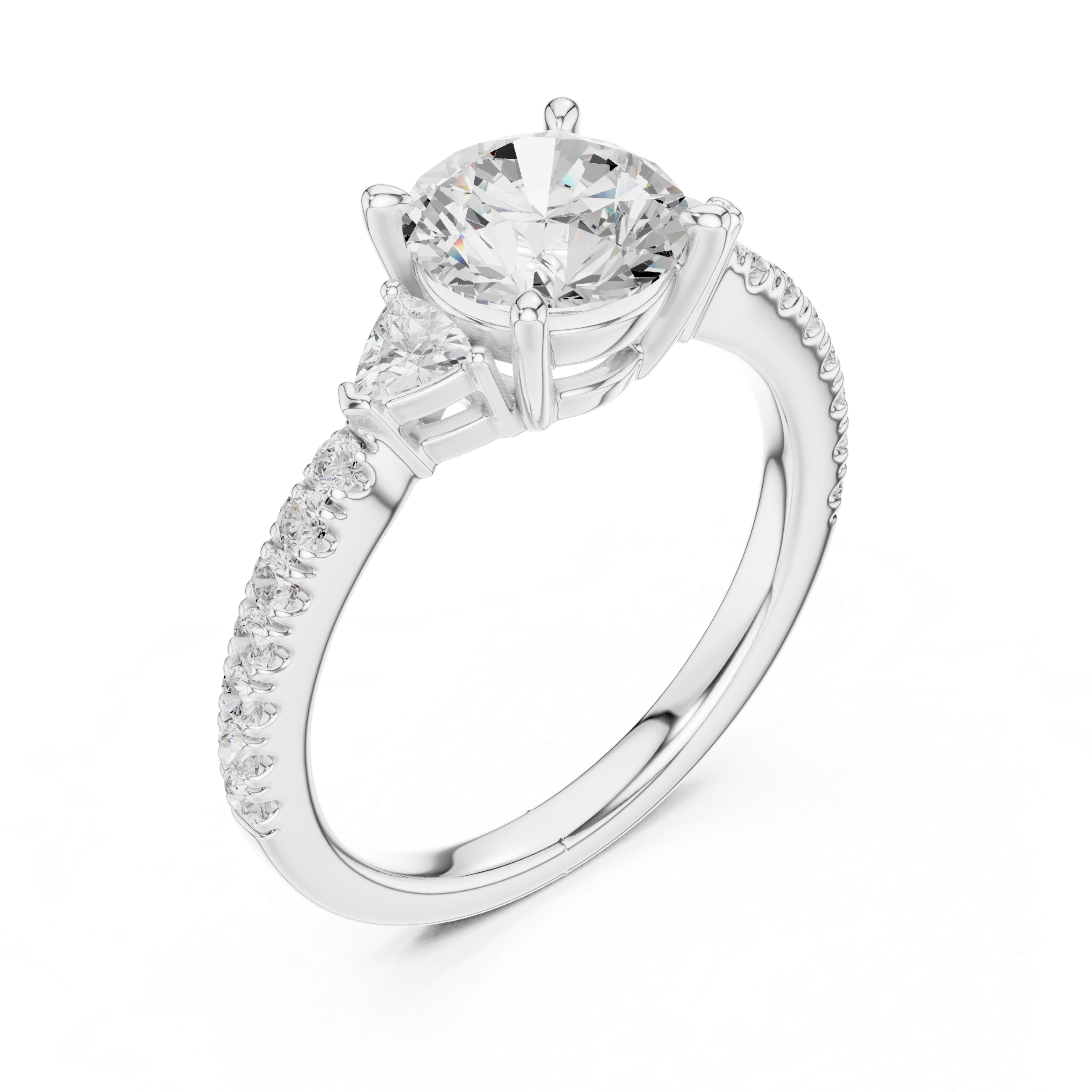 Round Brilliant Cut Engagement Ring with Trillion Side Stones and Pavé Band