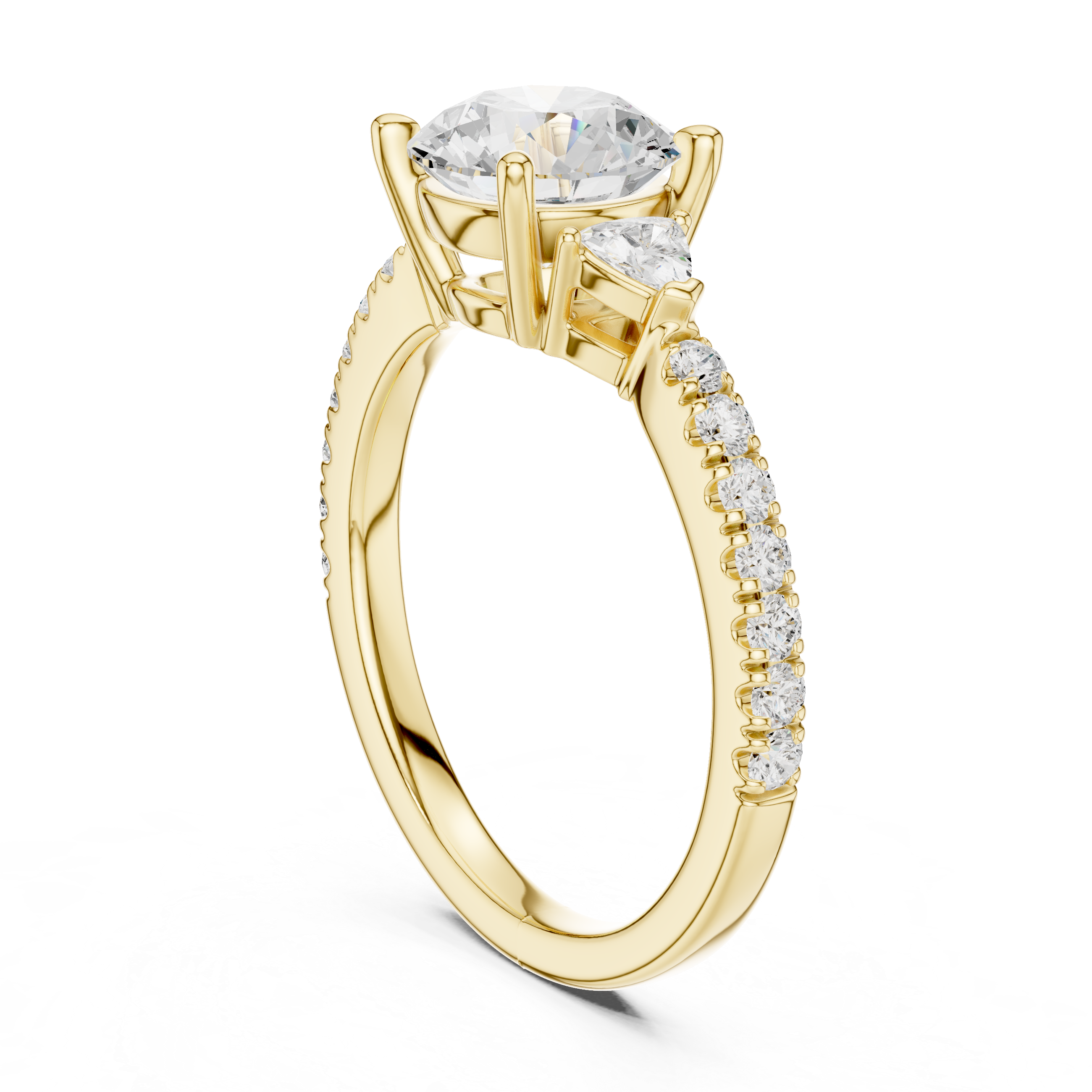 Round Brilliant Cut Engagement Ring with Trillion Side Stones and Pavé Band