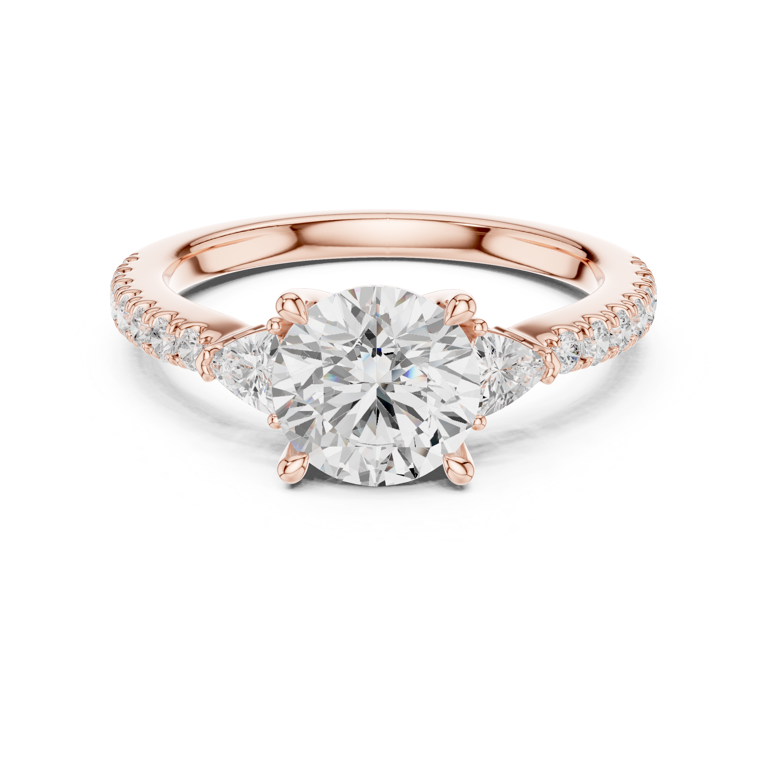 Round Brilliant Cut Engagement Ring with Trillion Side Stones and Pavé Band