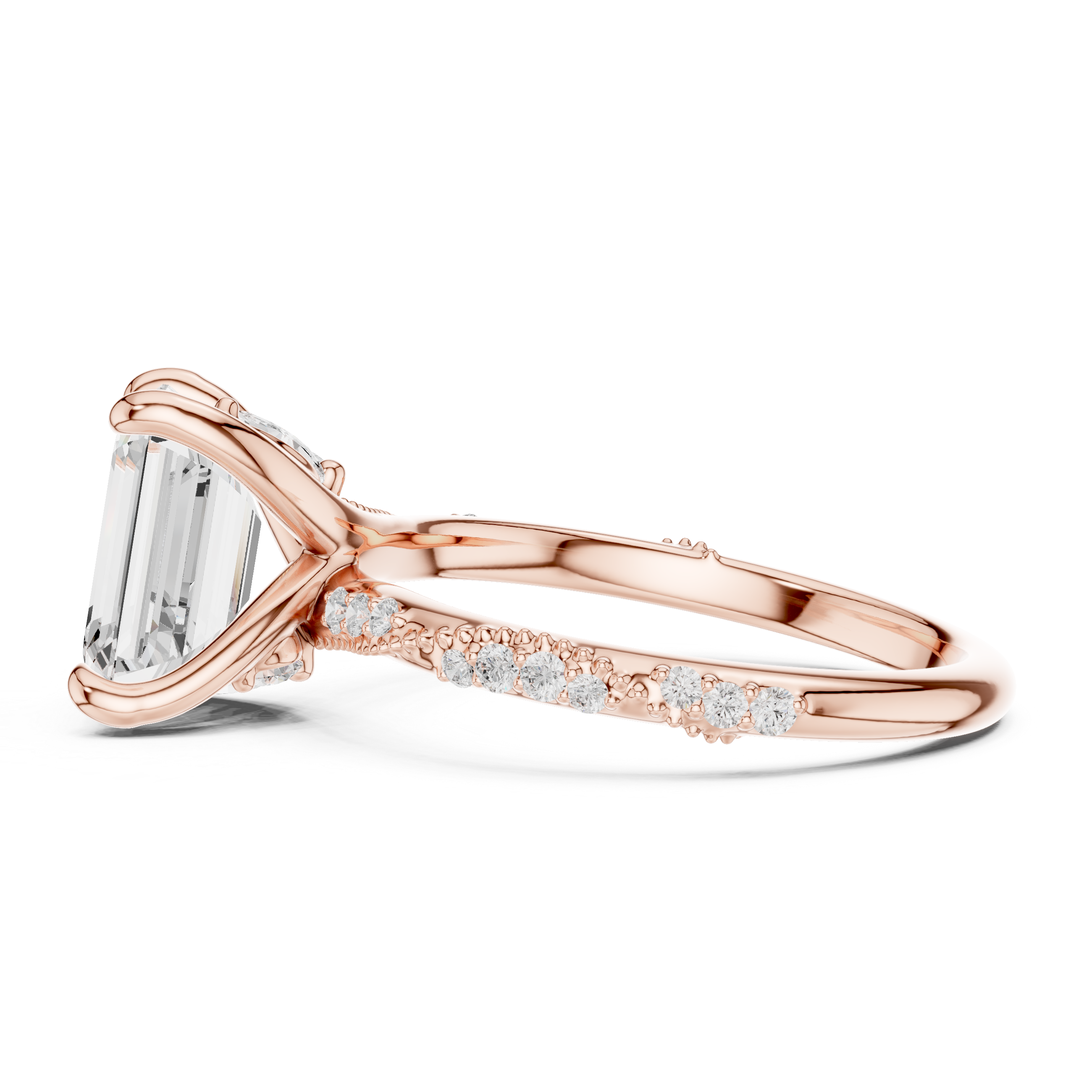 Twisted Pavé Emerald Cut Engagement Ring with Marquise Diamond Accents