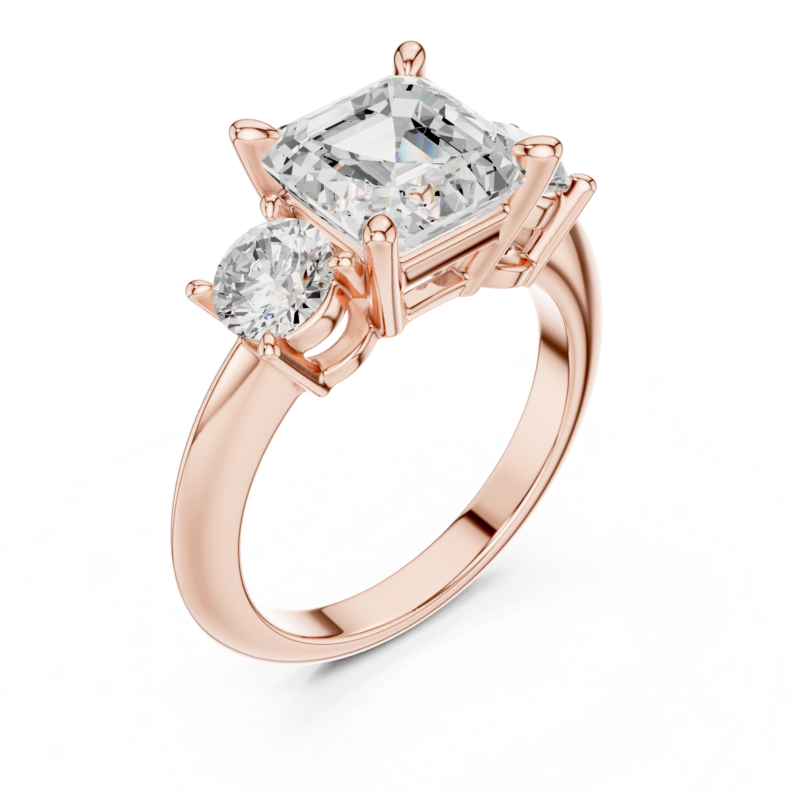 Asscher Cut Three Stone Engagement Ring with Round Diamond Side Stones
