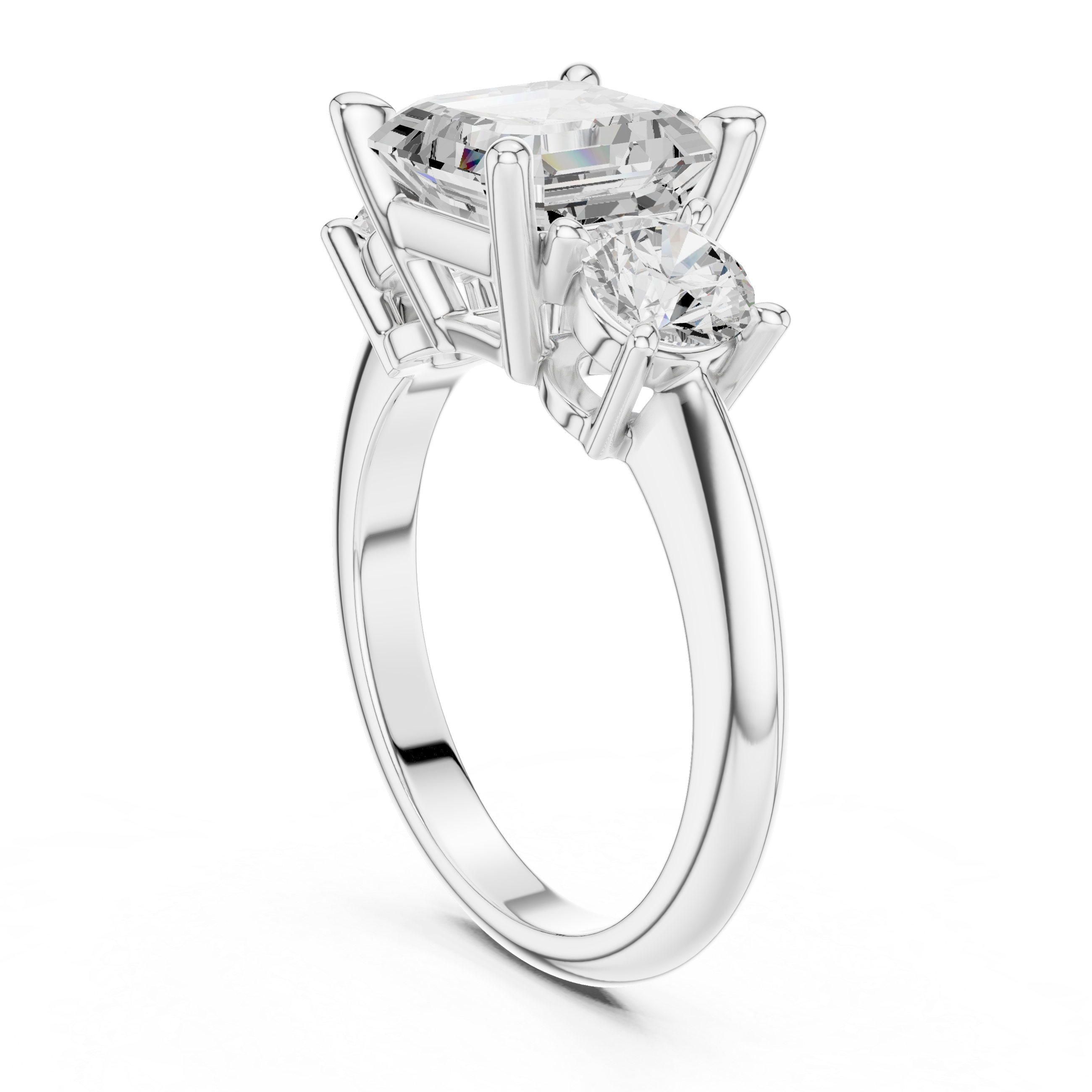 Asscher Cut Three Stone Engagement Ring with Round Diamond Side Stones