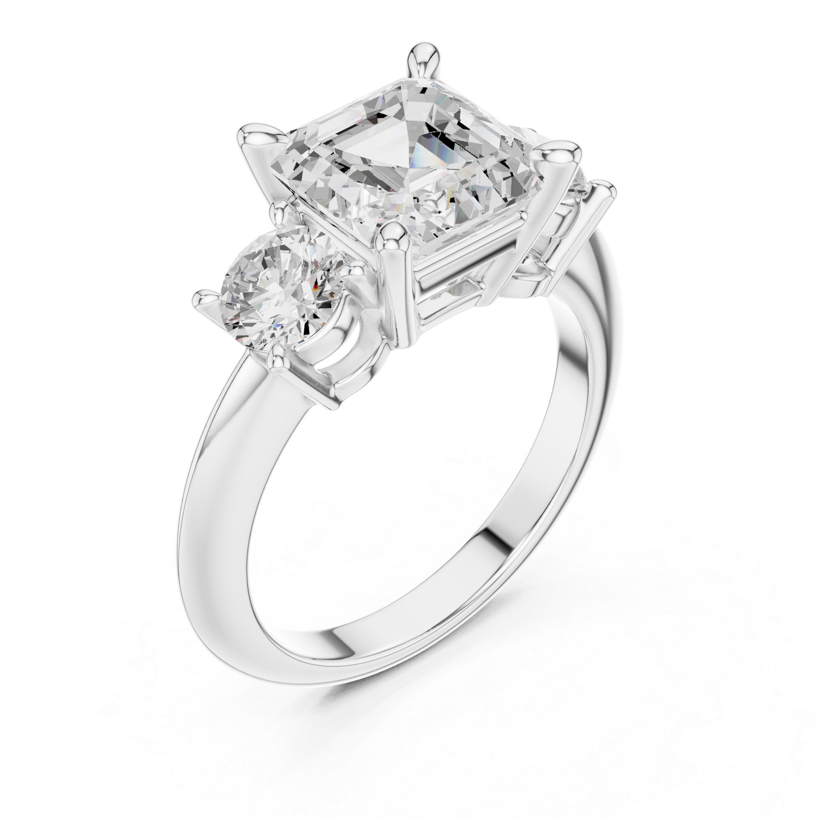 Asscher Cut Three Stone Engagement Ring with Round Diamond Side Stones