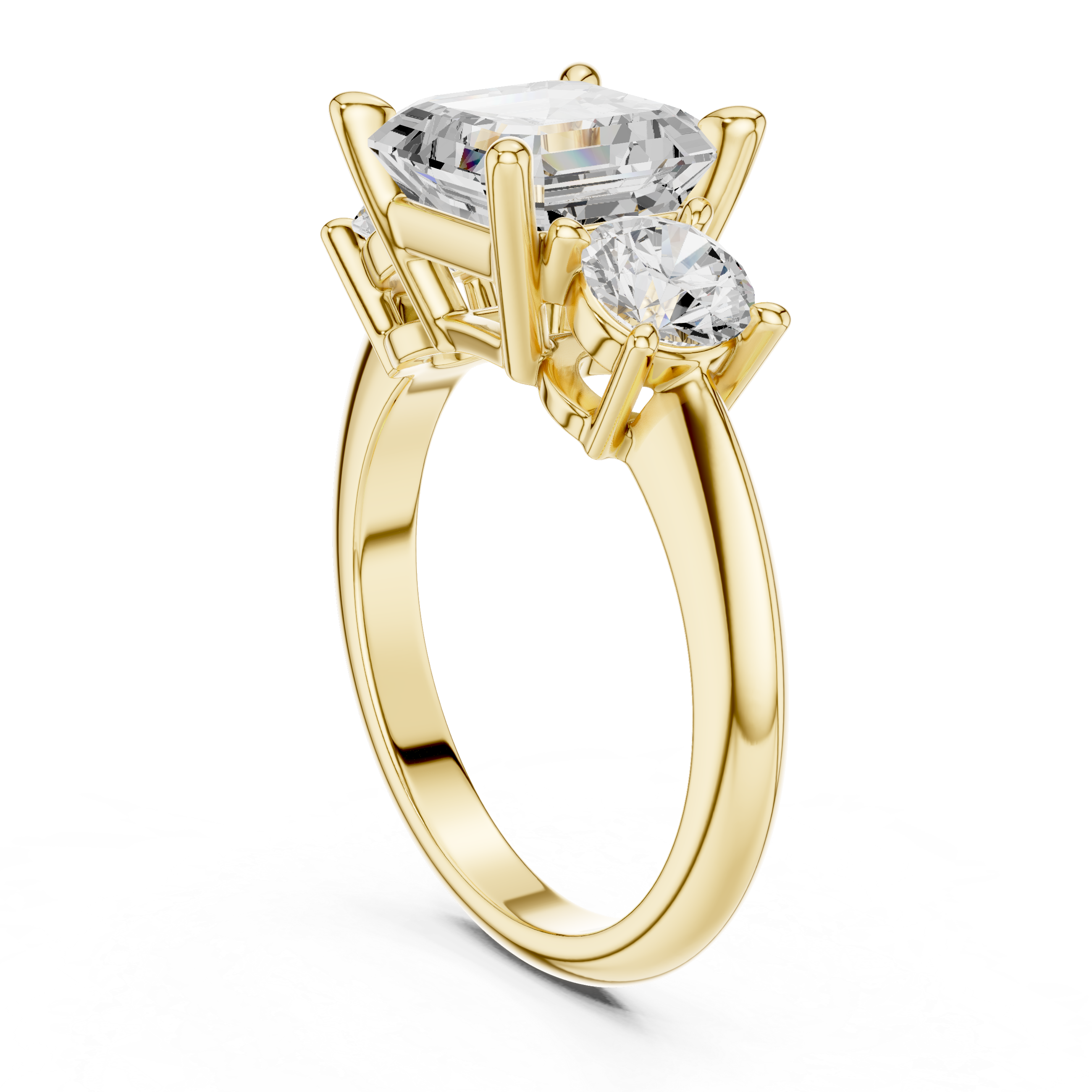 Asscher Cut Three Stone Engagement Ring with Round Diamond Side Stones