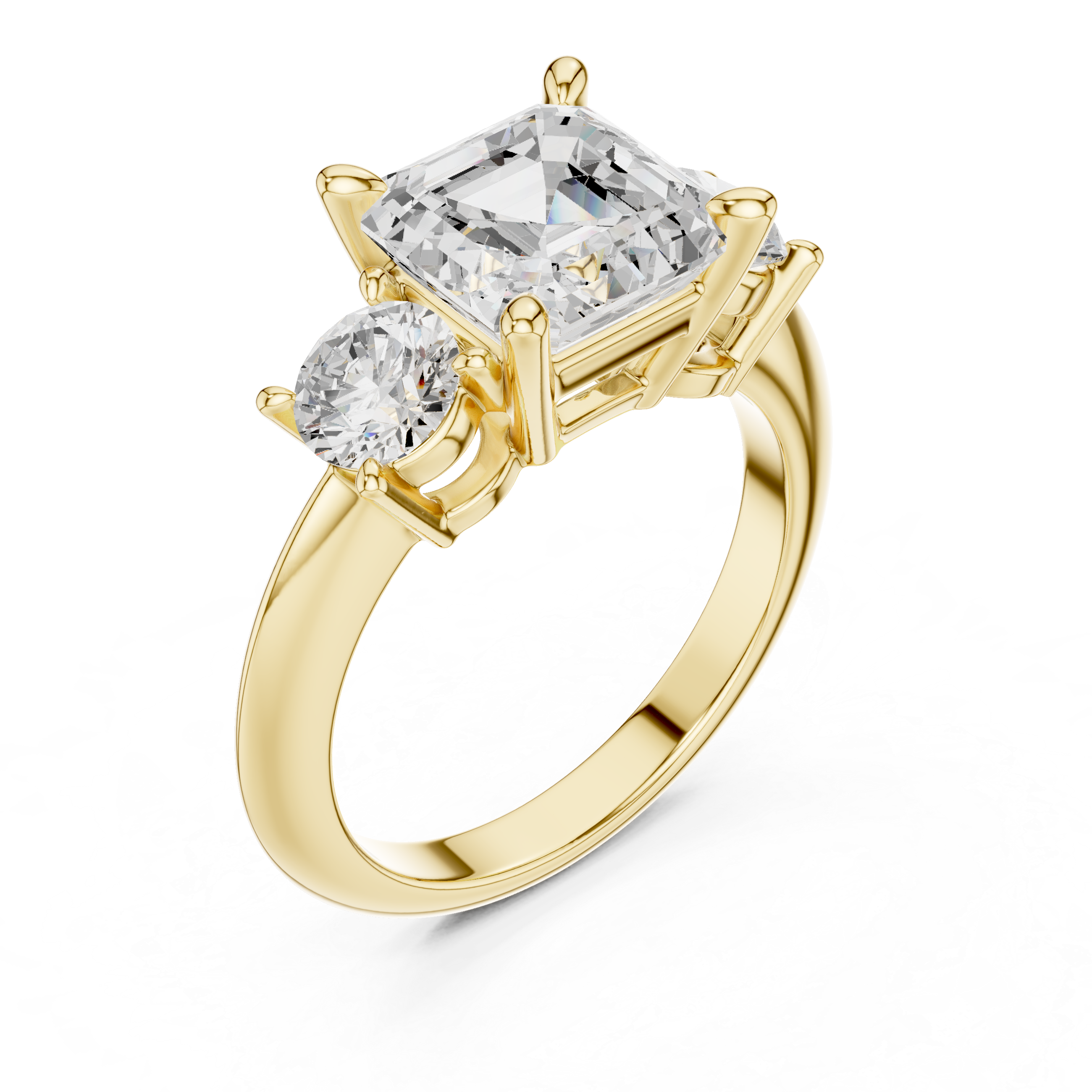 Asscher Cut Three Stone Engagement Ring with Round Diamond Side Stones