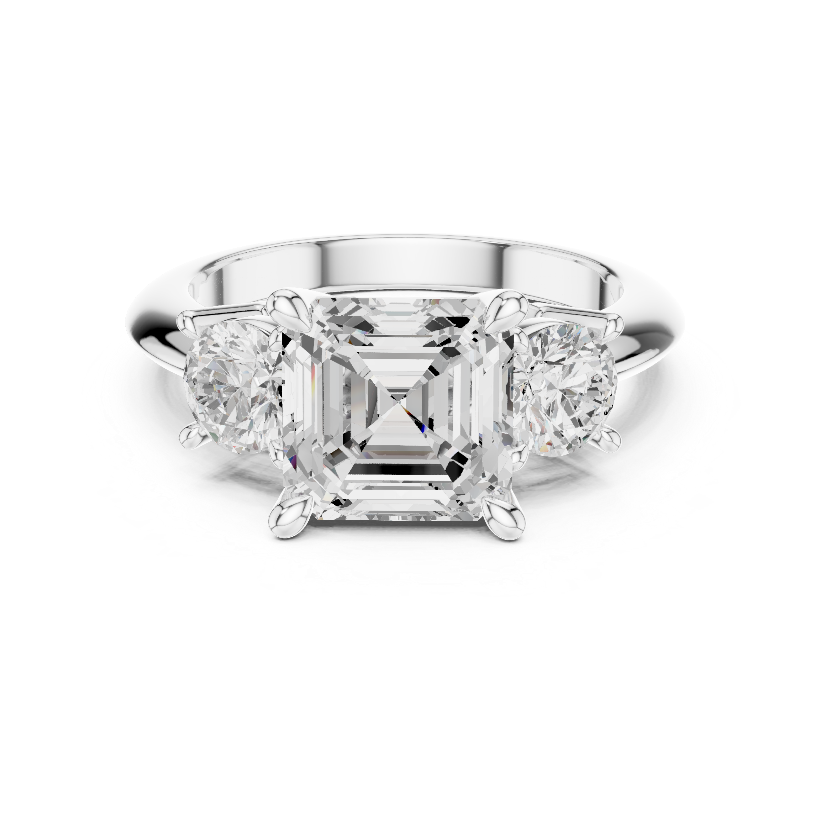 Asscher Cut Three Stone Engagement Ring with Round Diamond Side Stones