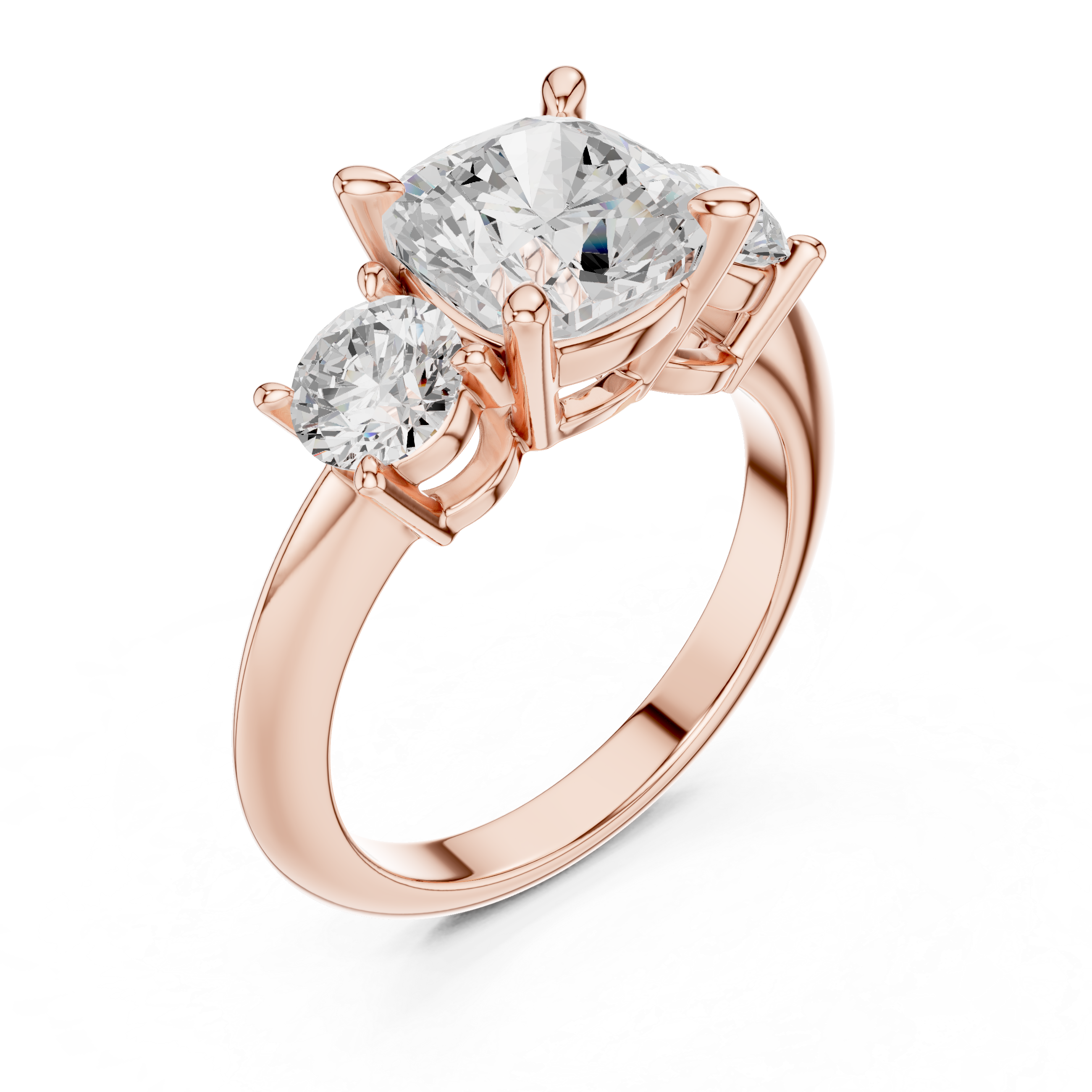 Cushion Cut Three Stone Engagement Ring with Round Diamond Side Stones