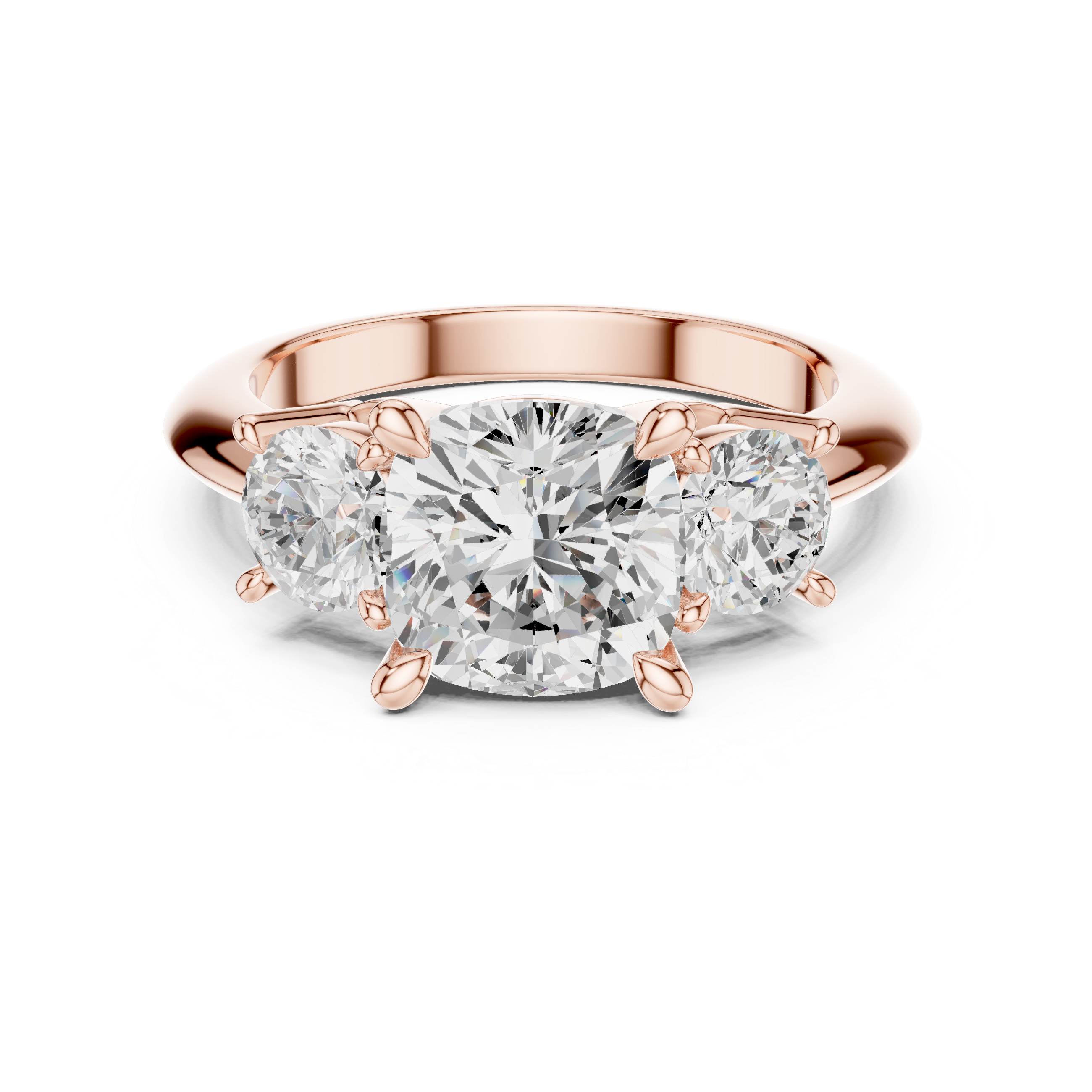Cushion Cut Three Stone Engagement Ring with Round Diamond Side Stones