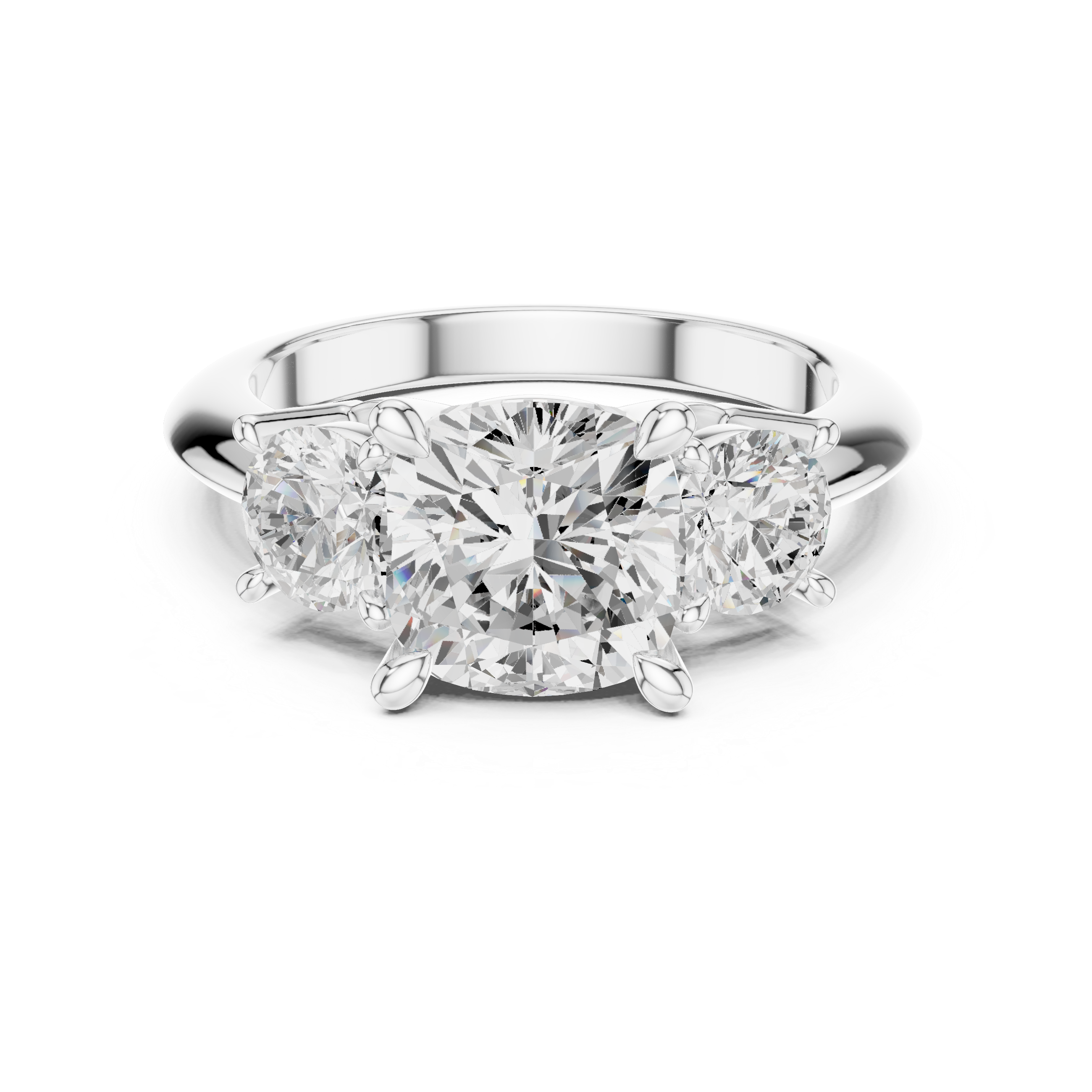 Cushion Cut Three Stone Engagement Ring with Round Diamond Side Stones