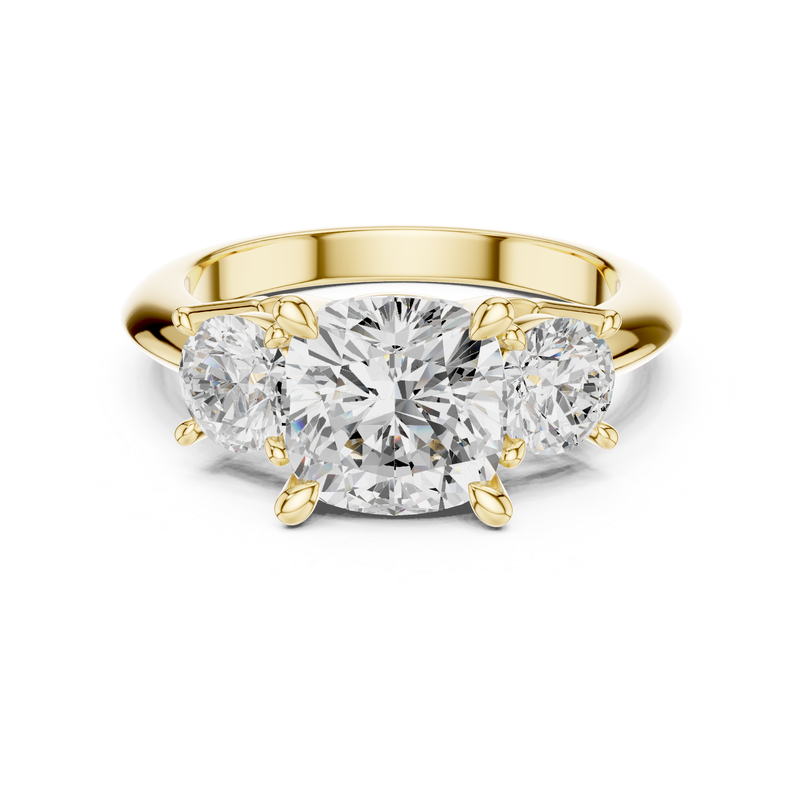 Cushion Cut Three Stone Engagement Ring with Round Diamond Side Stones