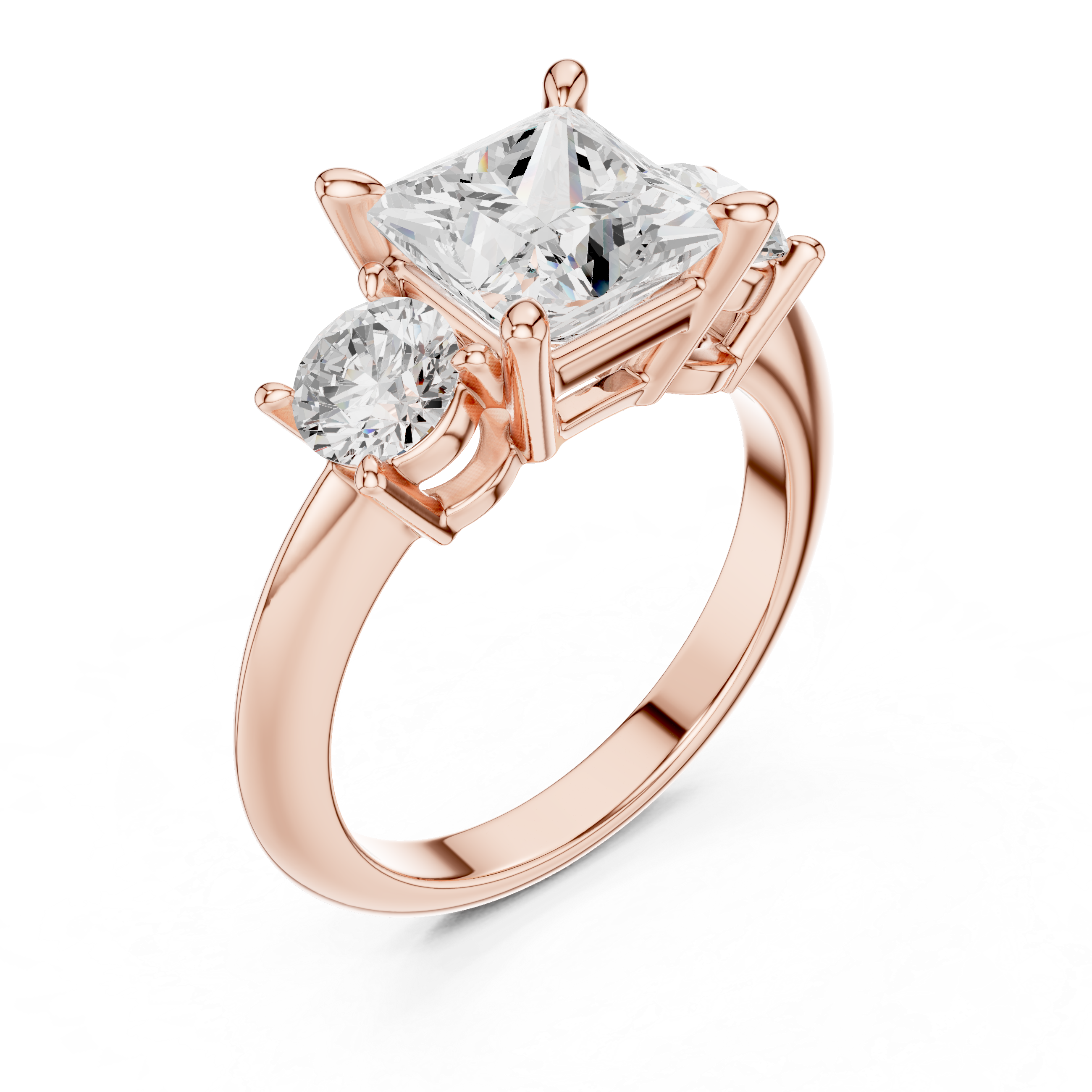 Princess Cut Three Stone Engagement Ring with Round Diamond Side Stones