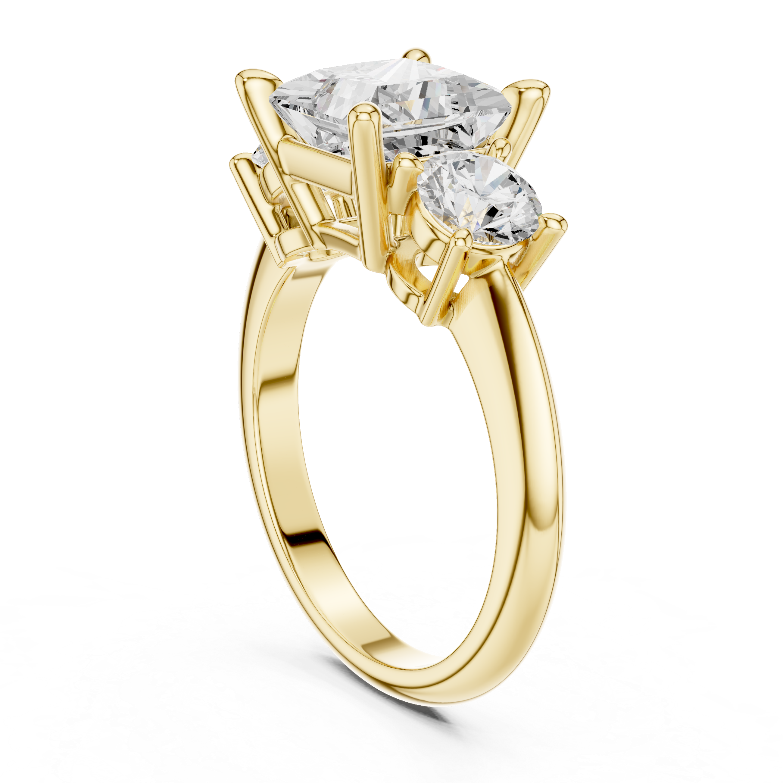 Princess Cut Three Stone Engagement Ring with Round Diamond Side Stones