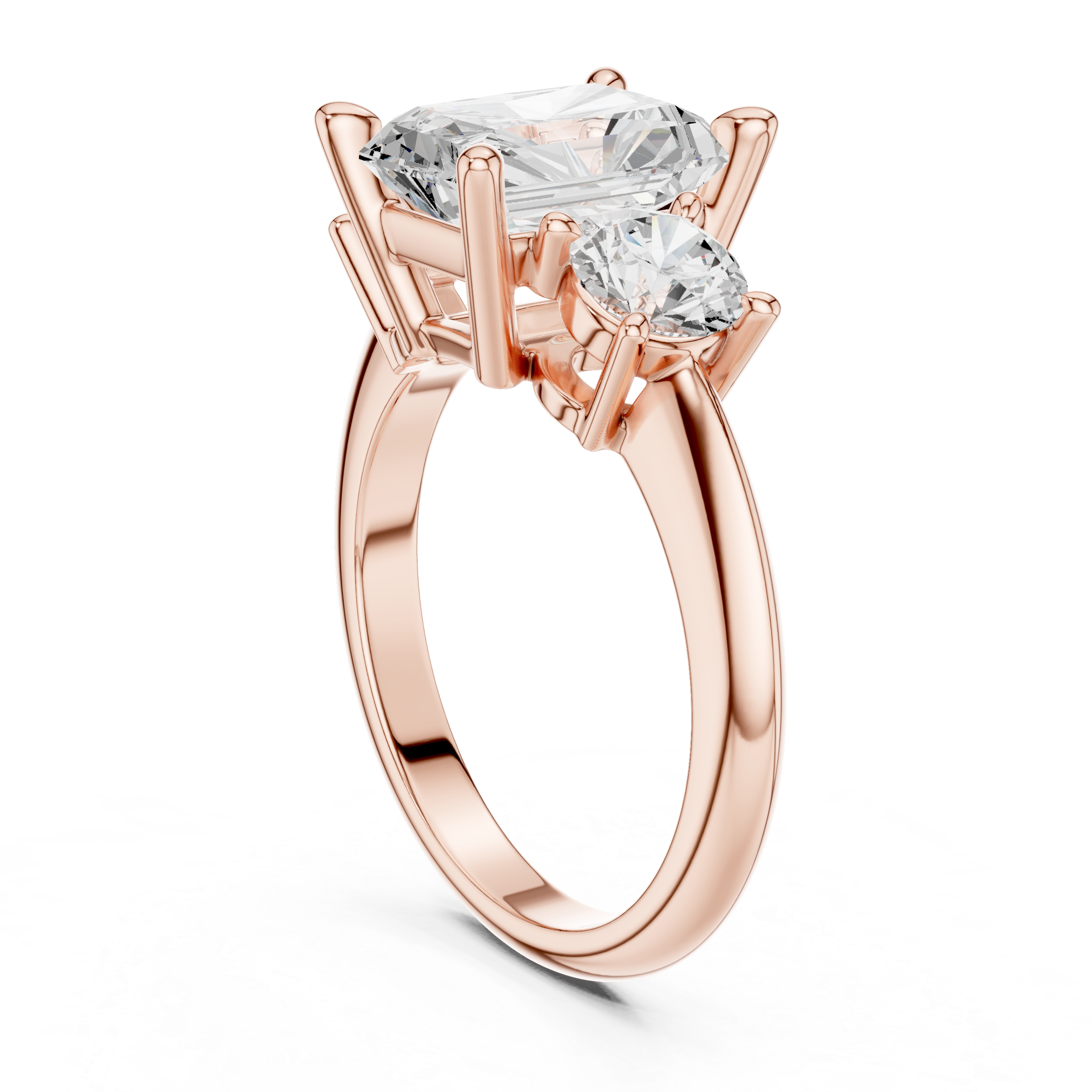 Radiant Cut Three Stone Engagement Ring with Round Diamond Side Stones