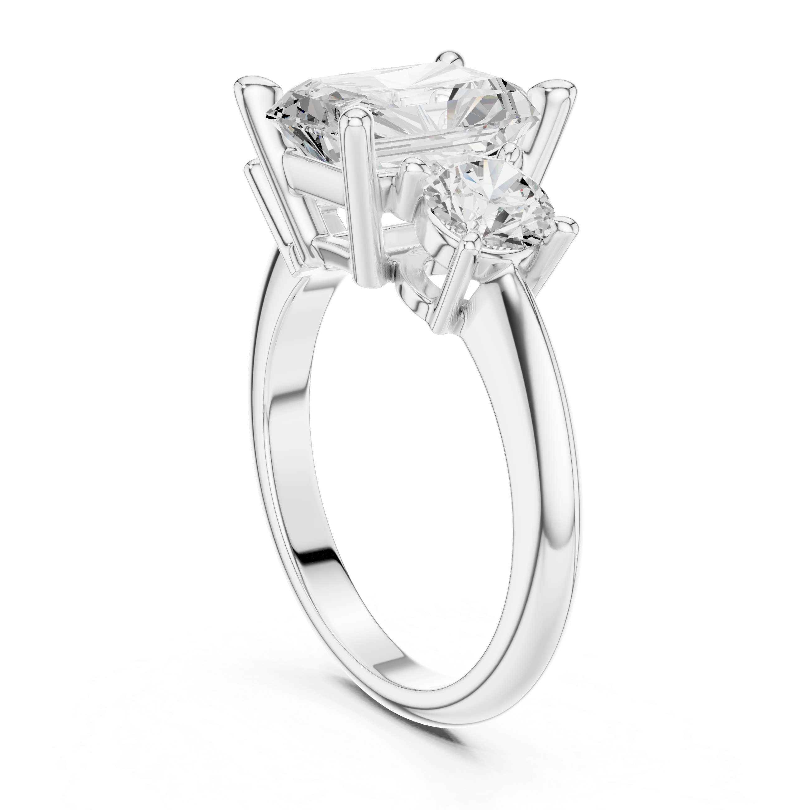 Radiant Cut Three Stone Engagement Ring with Round Diamond Side Stones