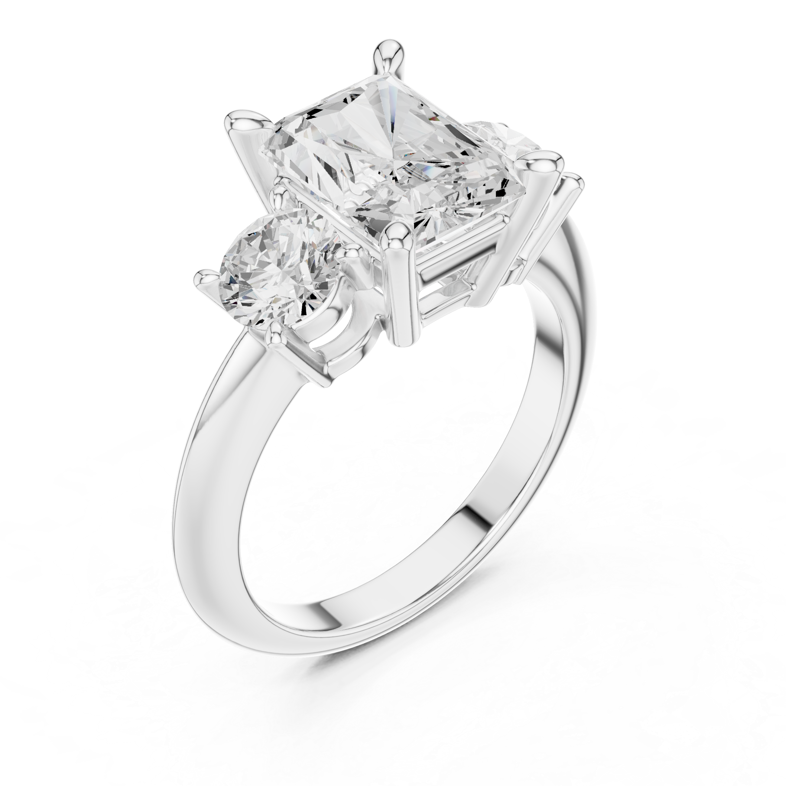 Radiant Cut Three Stone Engagement Ring with Round Diamond Side Stones