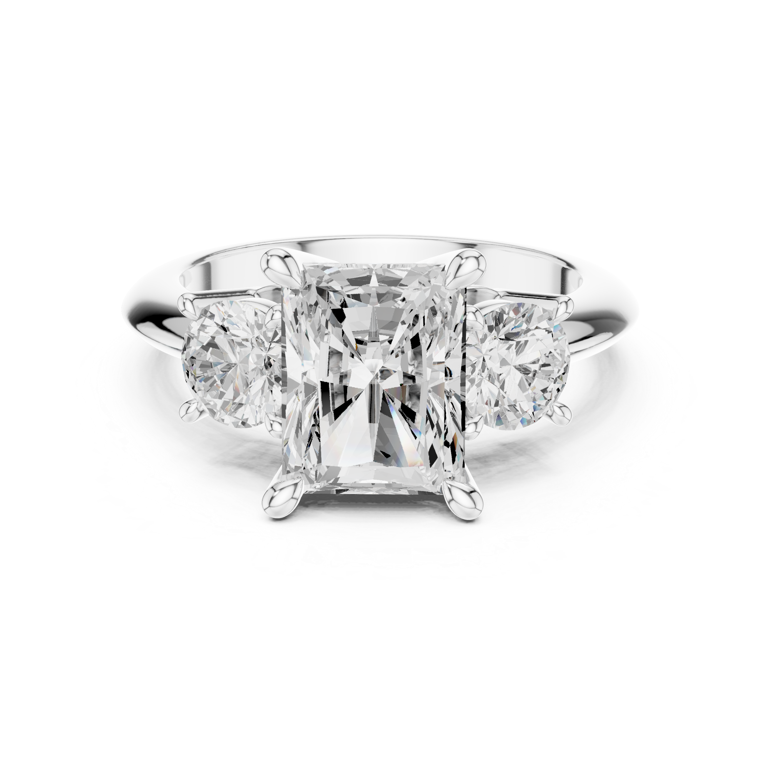 Radiant Cut Three Stone Engagement Ring with Round Diamond Side Stones