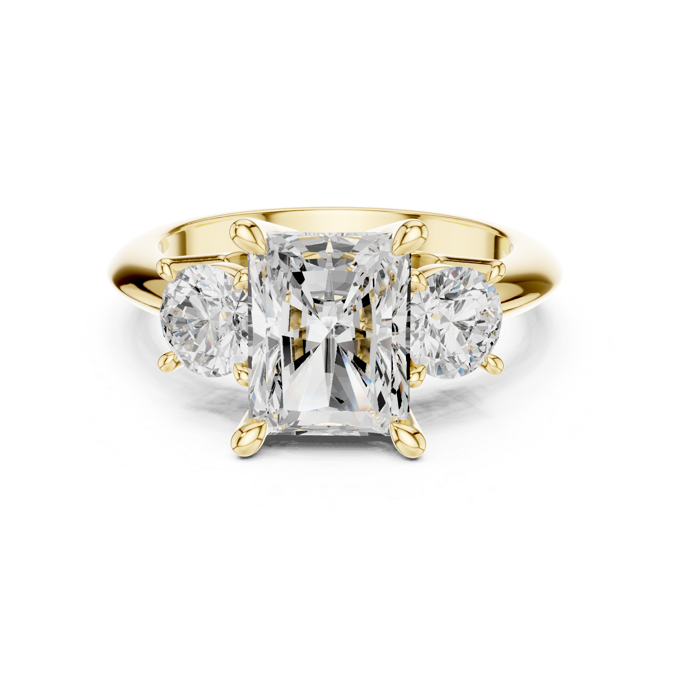 Radiant Cut Three Stone Engagement Ring with Round Diamond Side Stones