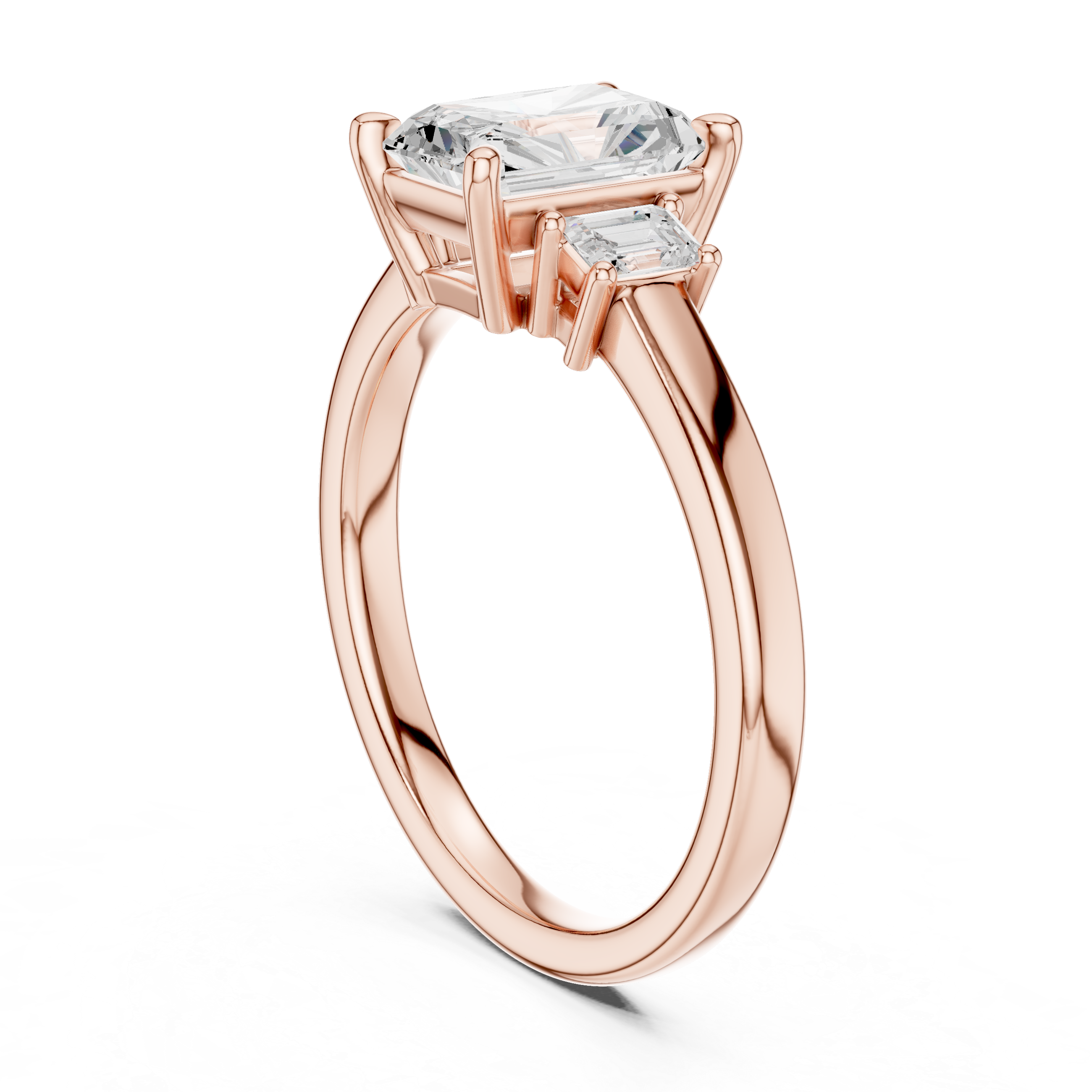 Radiant Cut Three Stone Engagement Ring with Emerald Cut Side Diamonds