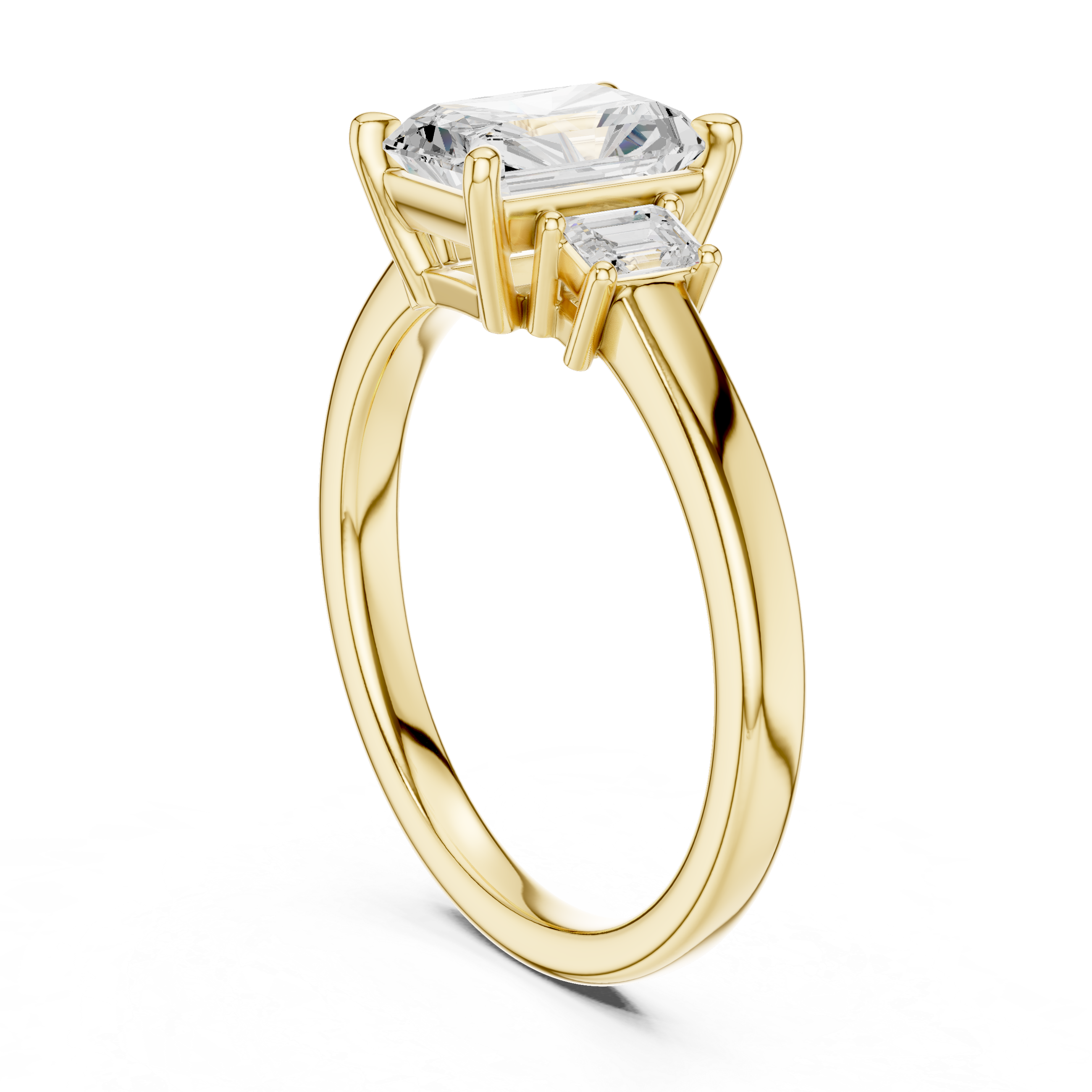 Radiant Cut Three Stone Engagement Ring with Emerald Cut Side Diamonds