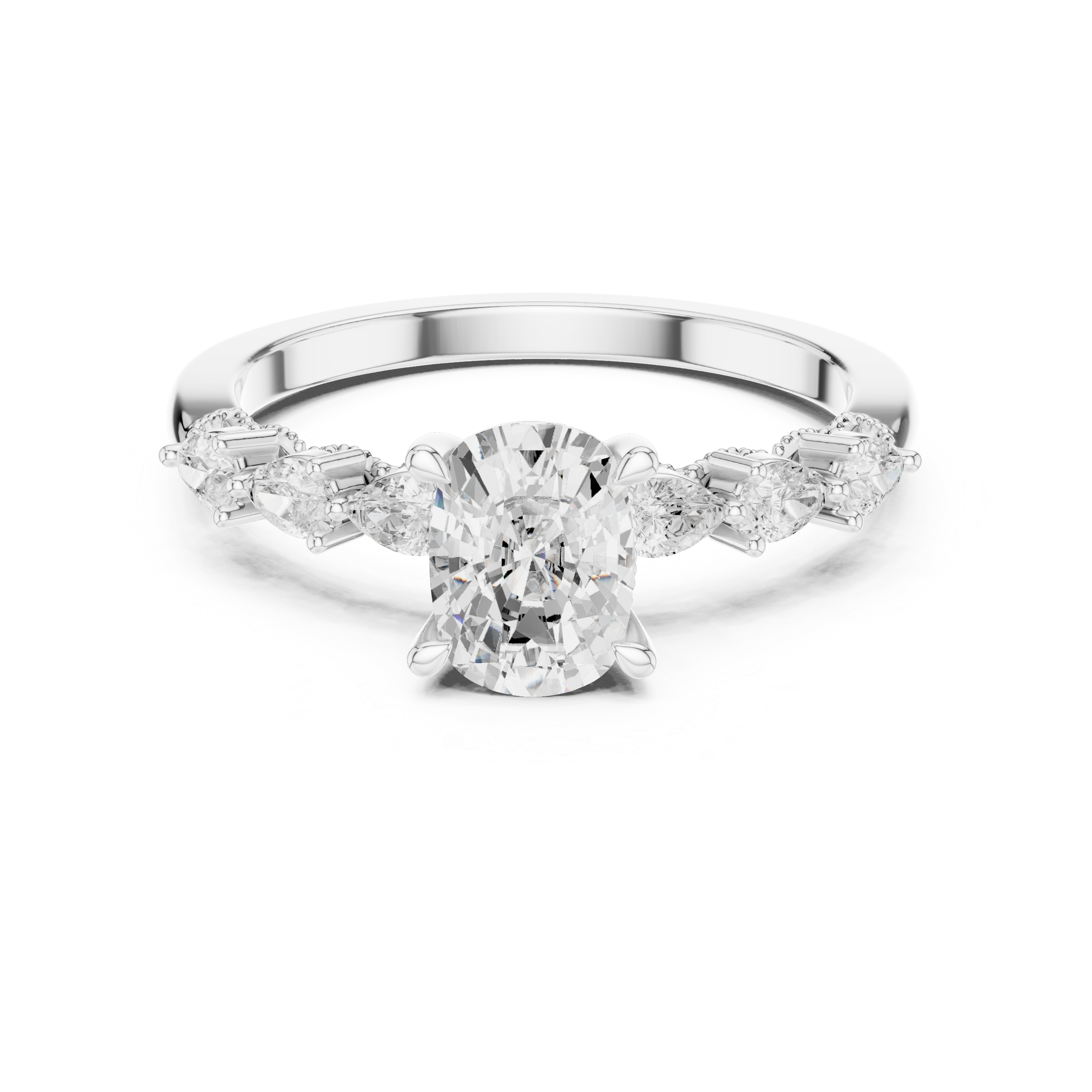 Cushion Cut Engagement Ring with Pear Diamond Accents and Milgrain Detail