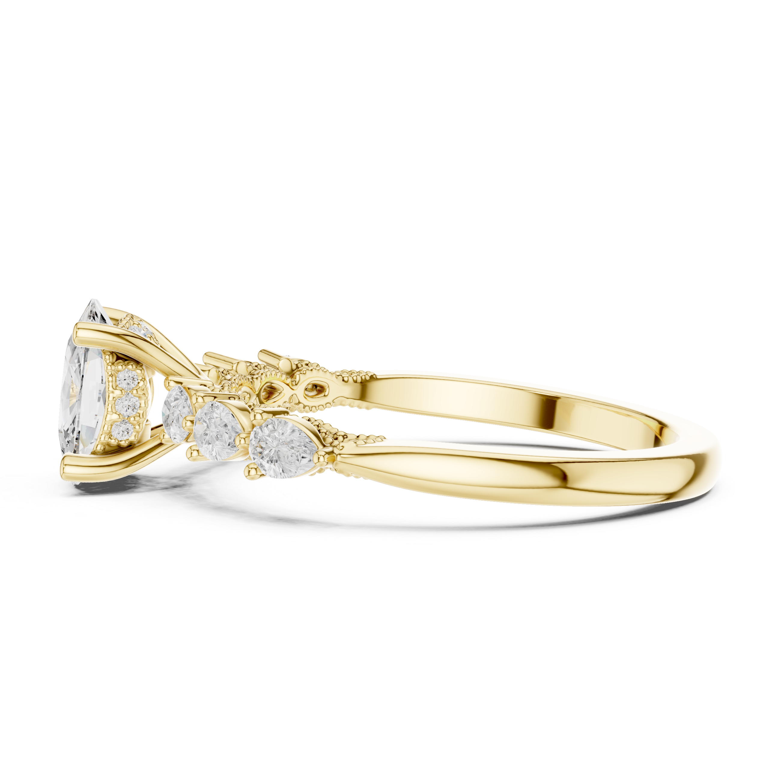 Cushion Cut Engagement Ring with Pear Diamond Accents and Milgrain Detail
