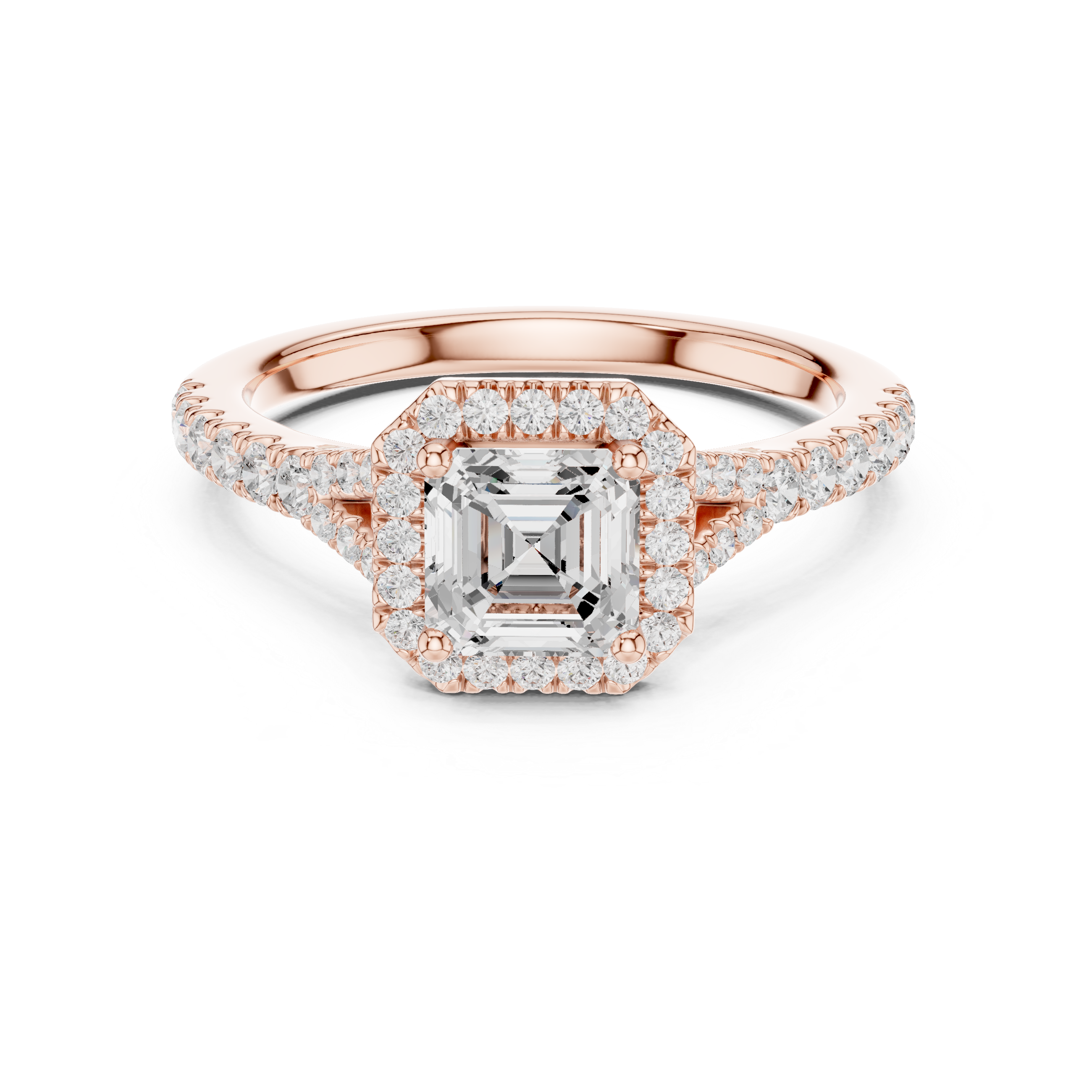 Asscher Cut Halo Engagement Ring with Split Shank Pavé Diamond Band