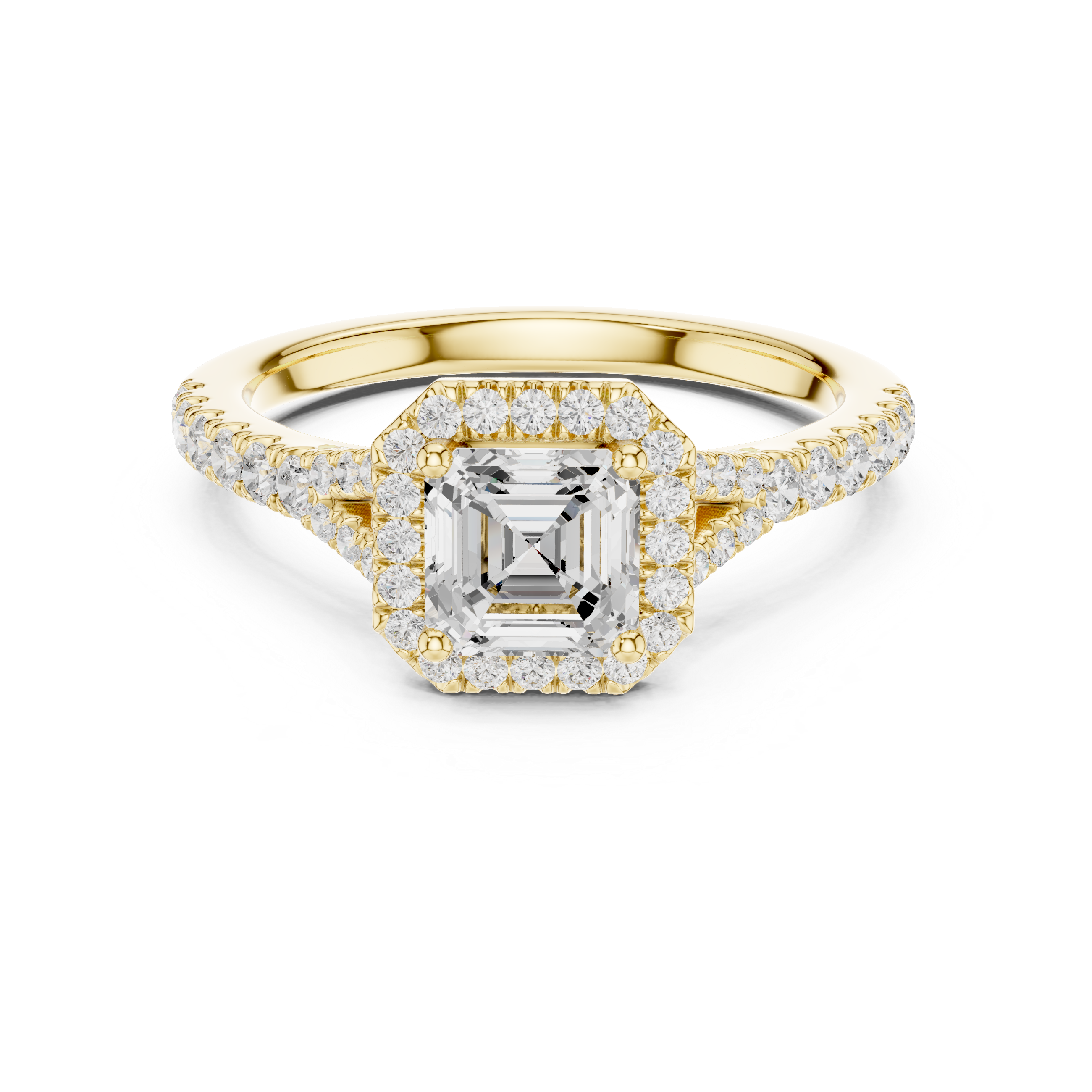 Asscher Cut Halo Engagement Ring with Split Shank Pavé Diamond Band