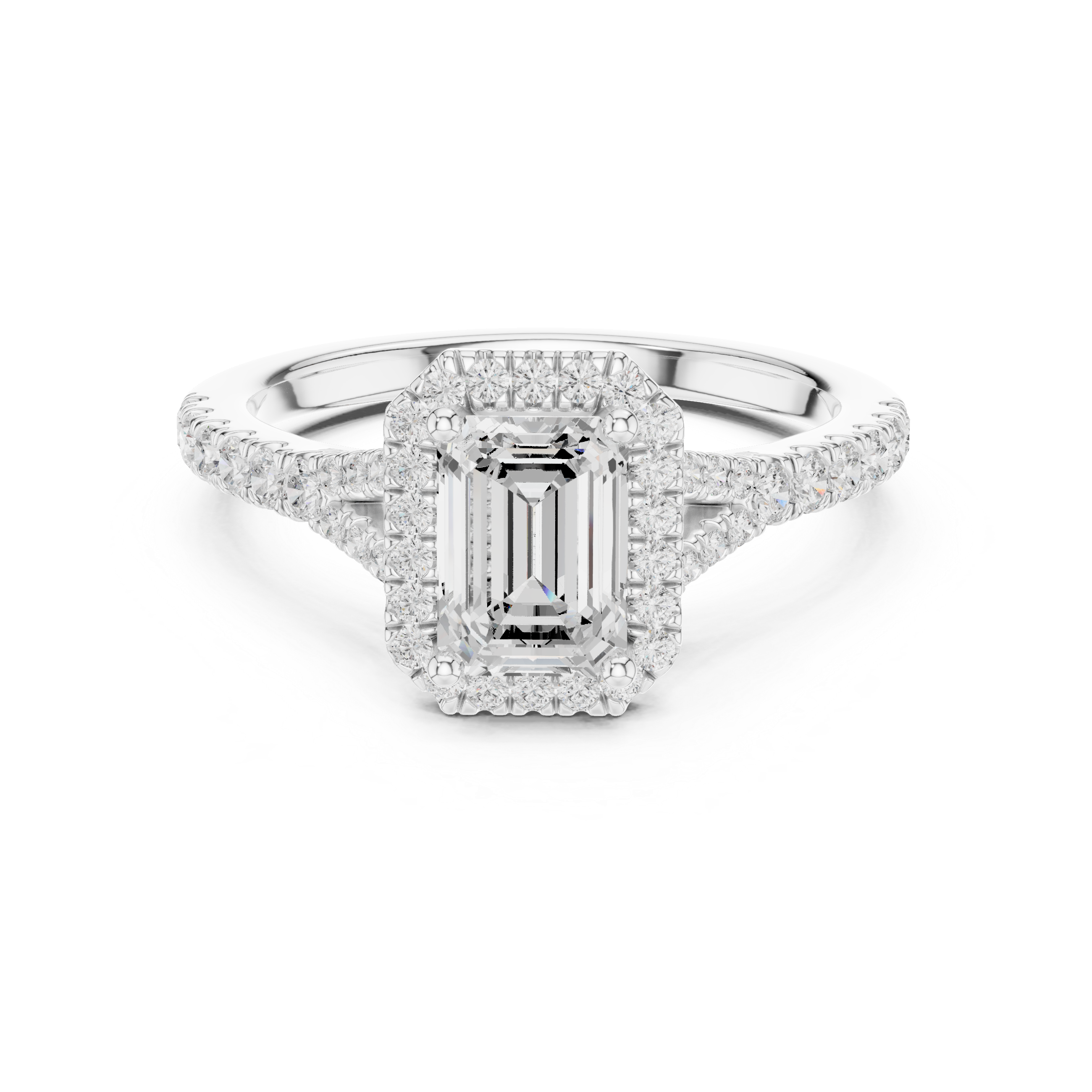 Emerald Cut Halo Engagement Ring with Split Shank Pavé Diamond Band