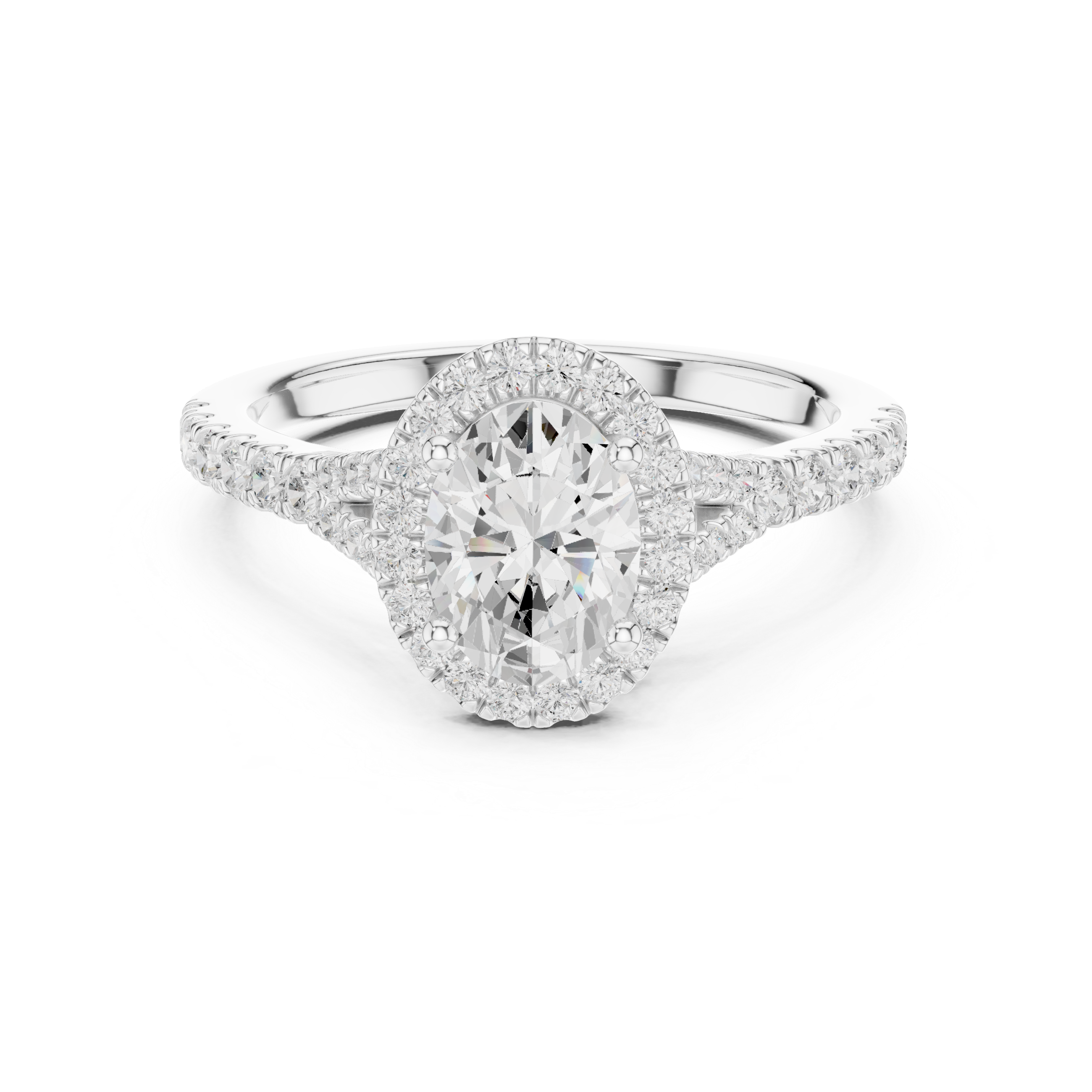 Oval Cut Halo Engagement Ring with Pavé Split Shank Diamond Band