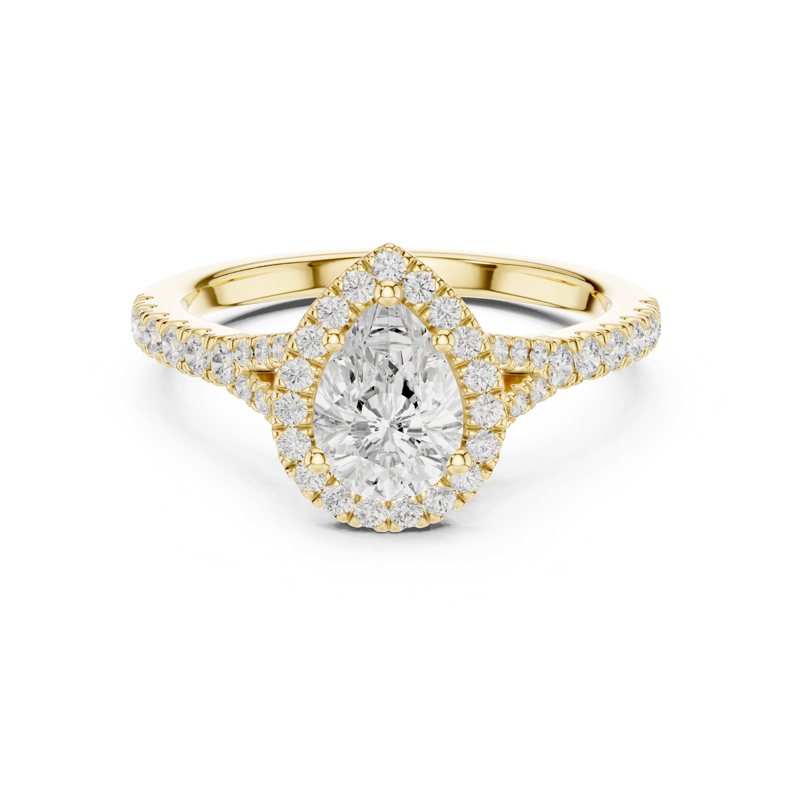 Pear Cut Halo Engagement Ring with Pavé Split Shank Diamond Band