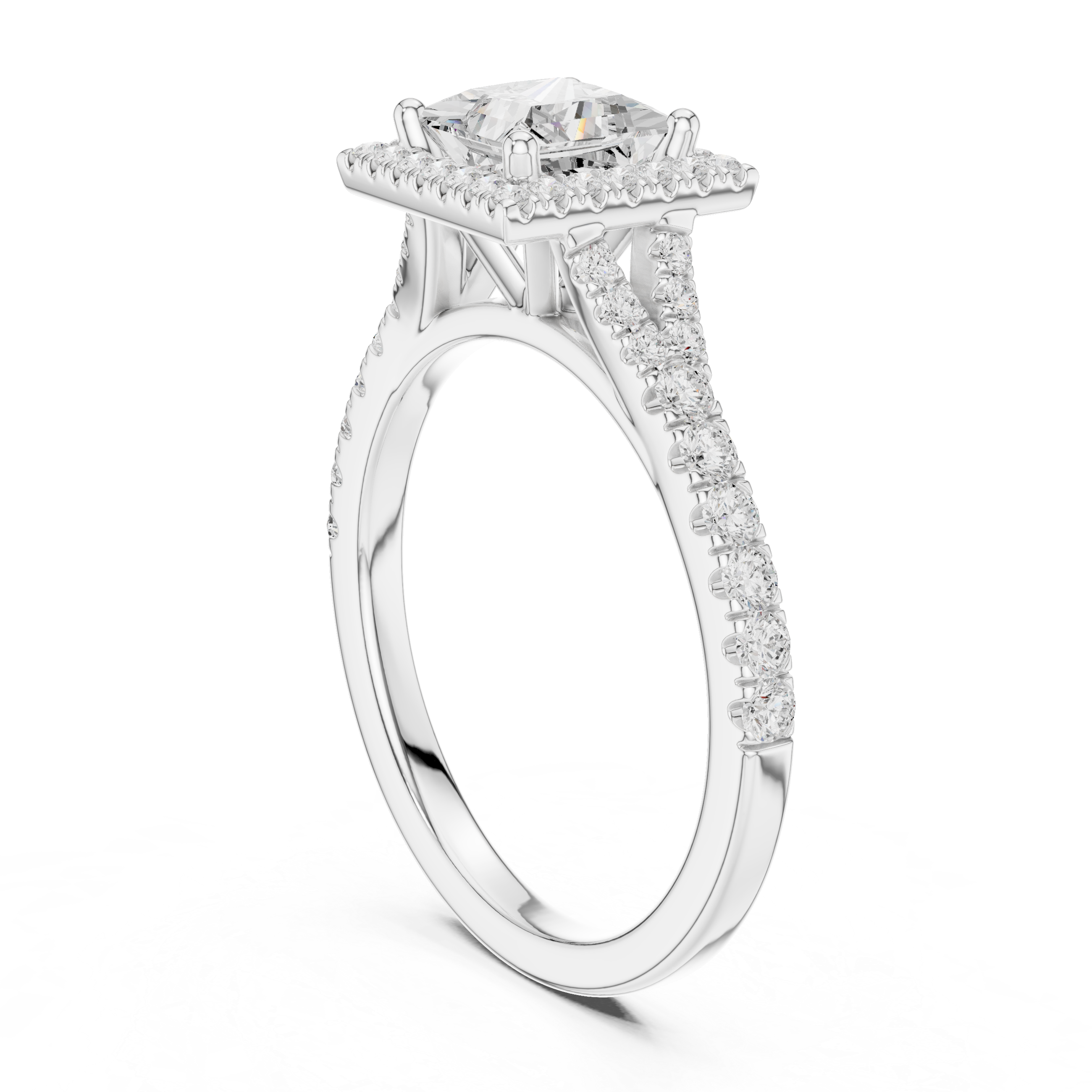 Princess Cut Halo Engagement Ring with Pavé Split Shank Diamond Band