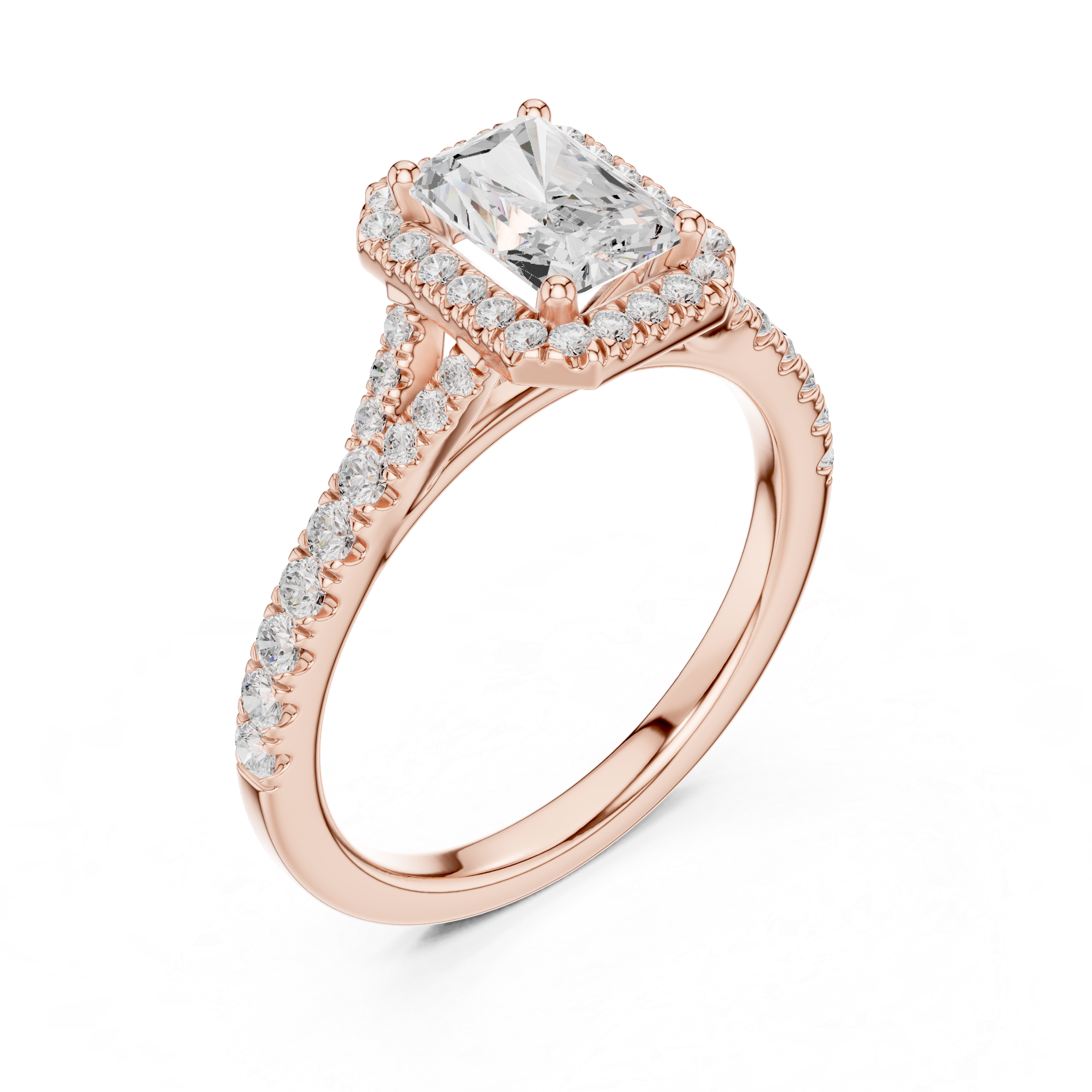Radiant Cut Halo Engagement Ring with Pavé Split Shank Diamond Band