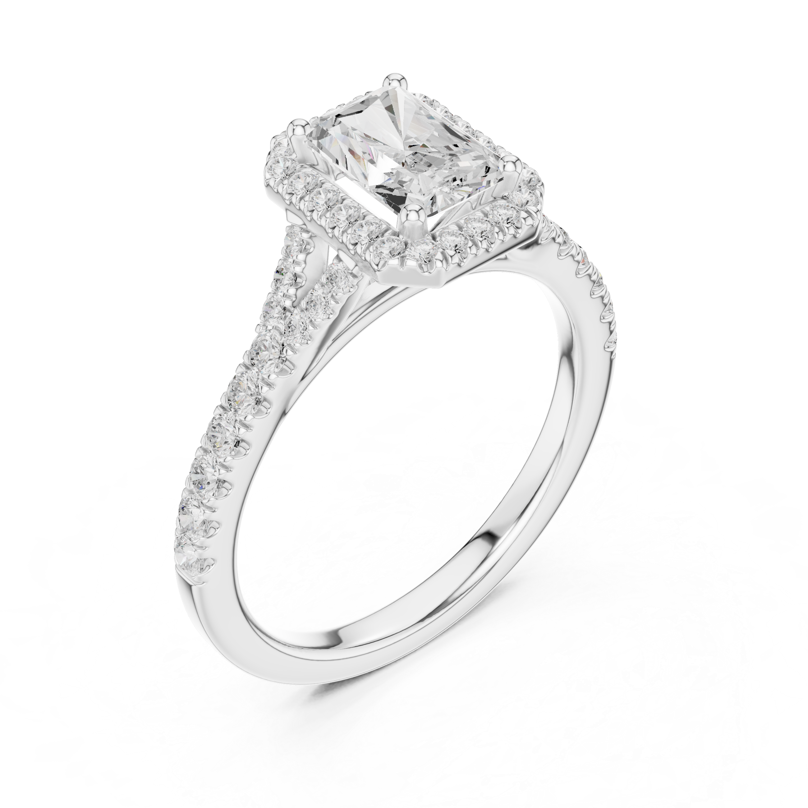 Radiant Cut Halo Engagement Ring with Pavé Split Shank Diamond Band